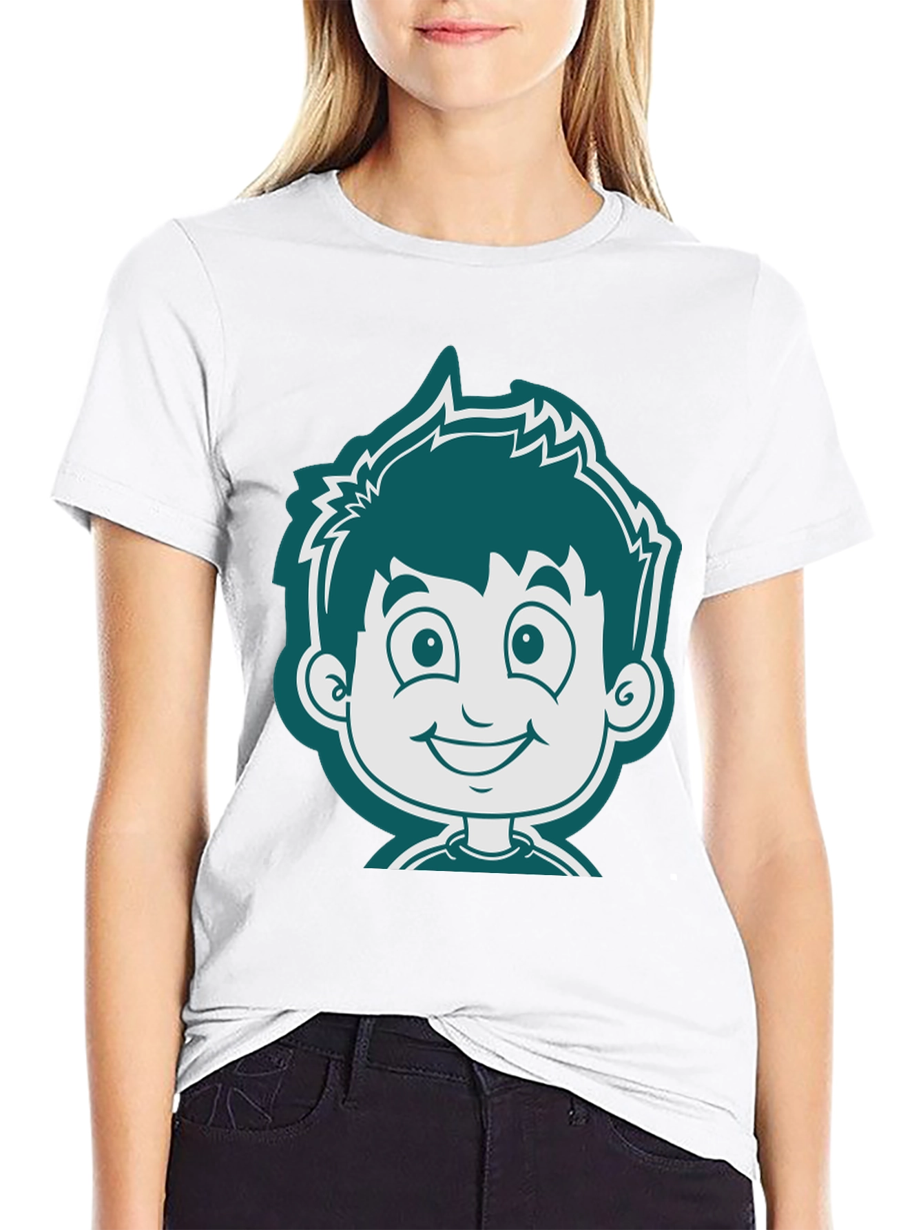 Cartoon Boy Graphic Tee - Black Cotton T-Shirt