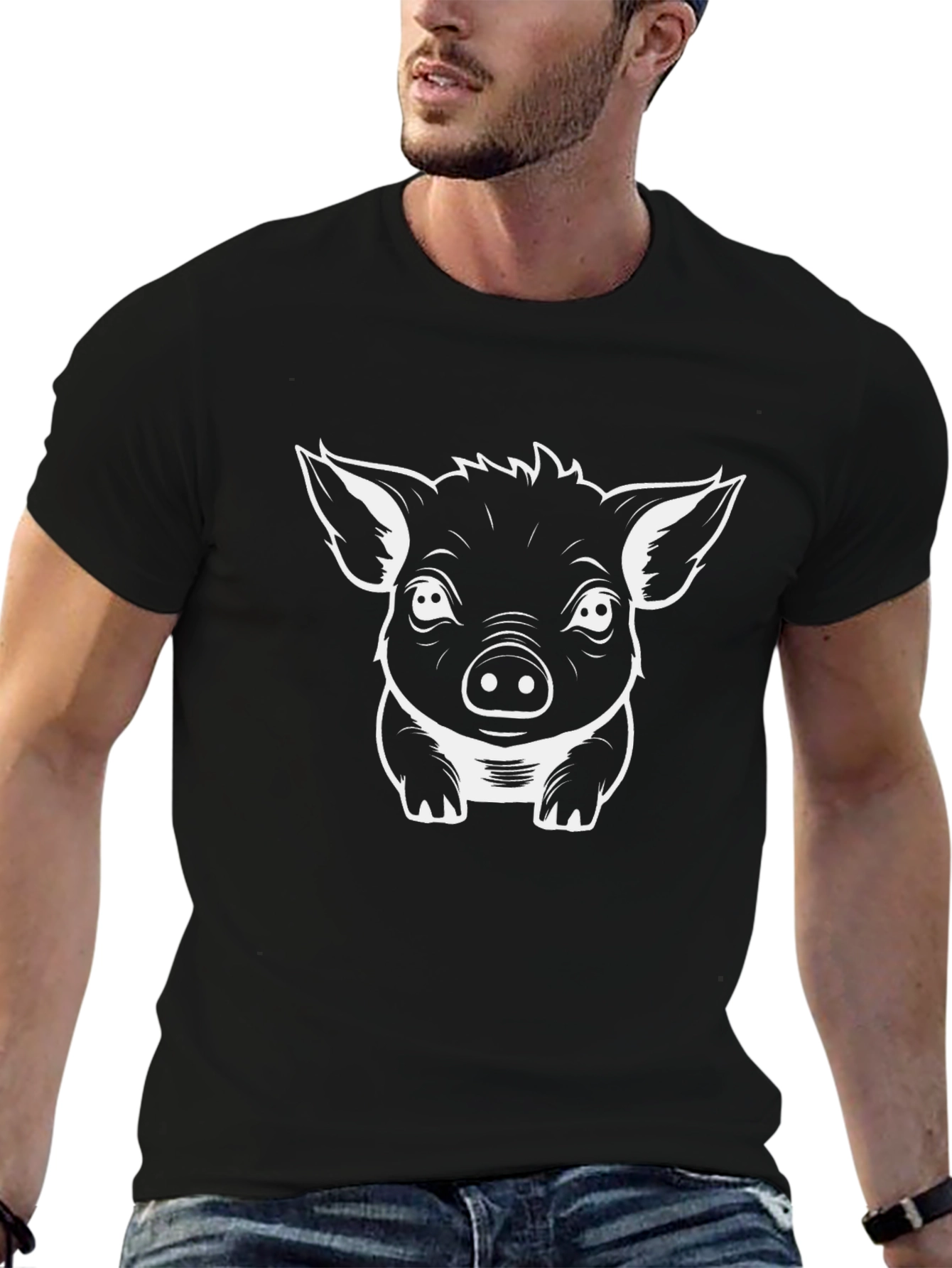 Cute Pig Graphic Tee - Black Cotton T-Shirt