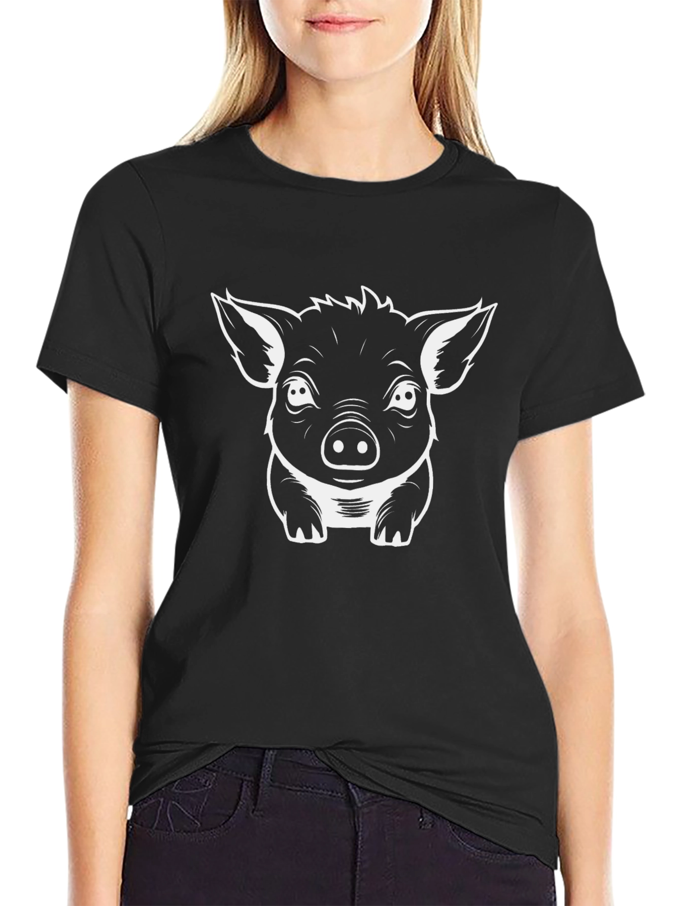 Cute Pig Graphic Tee - Black Cotton T-Shirt