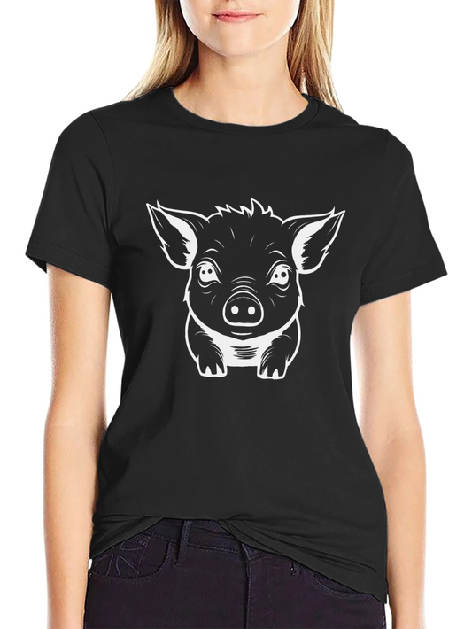 Cute Pig Graphic Tee - Black Cotton T-Shirt