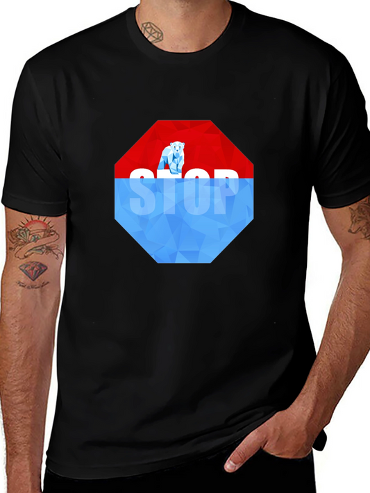 Polar Bear Stop Sign Graphic Tee - Climate Change Awareness