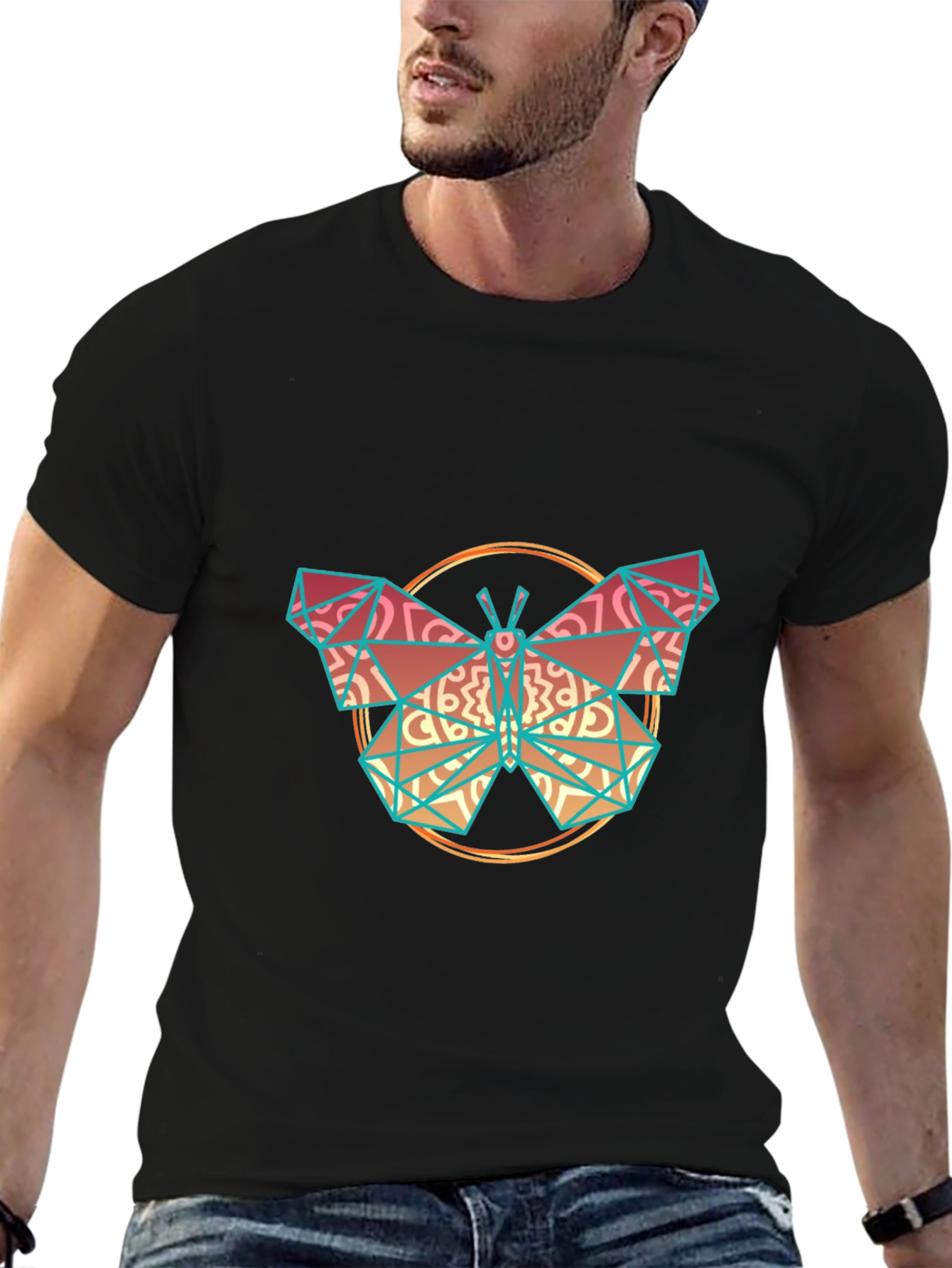 Geometric Butterfly Print Black T-Shirt