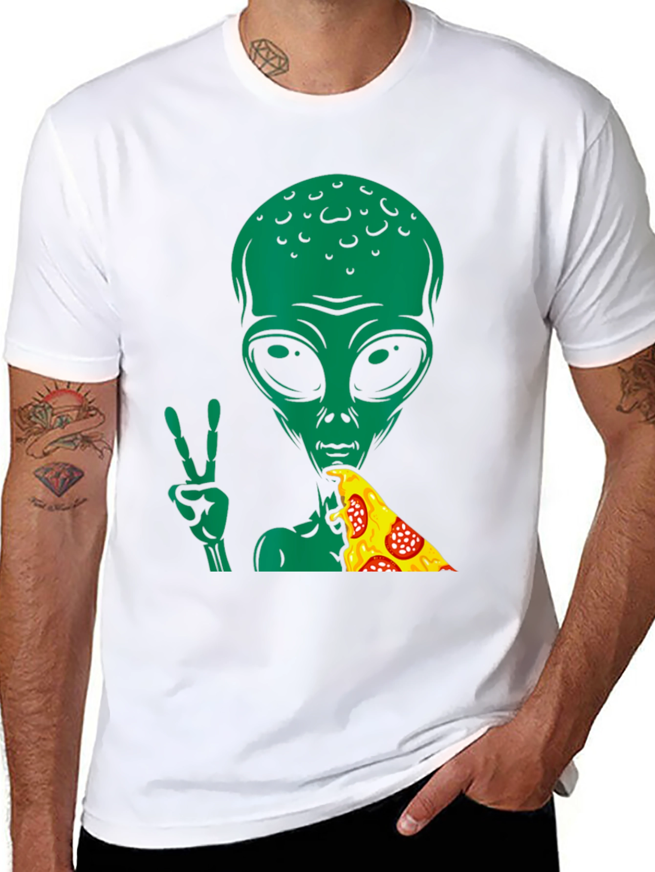 Alien Pizza Peace T-Shirt - Black Graphic Tee