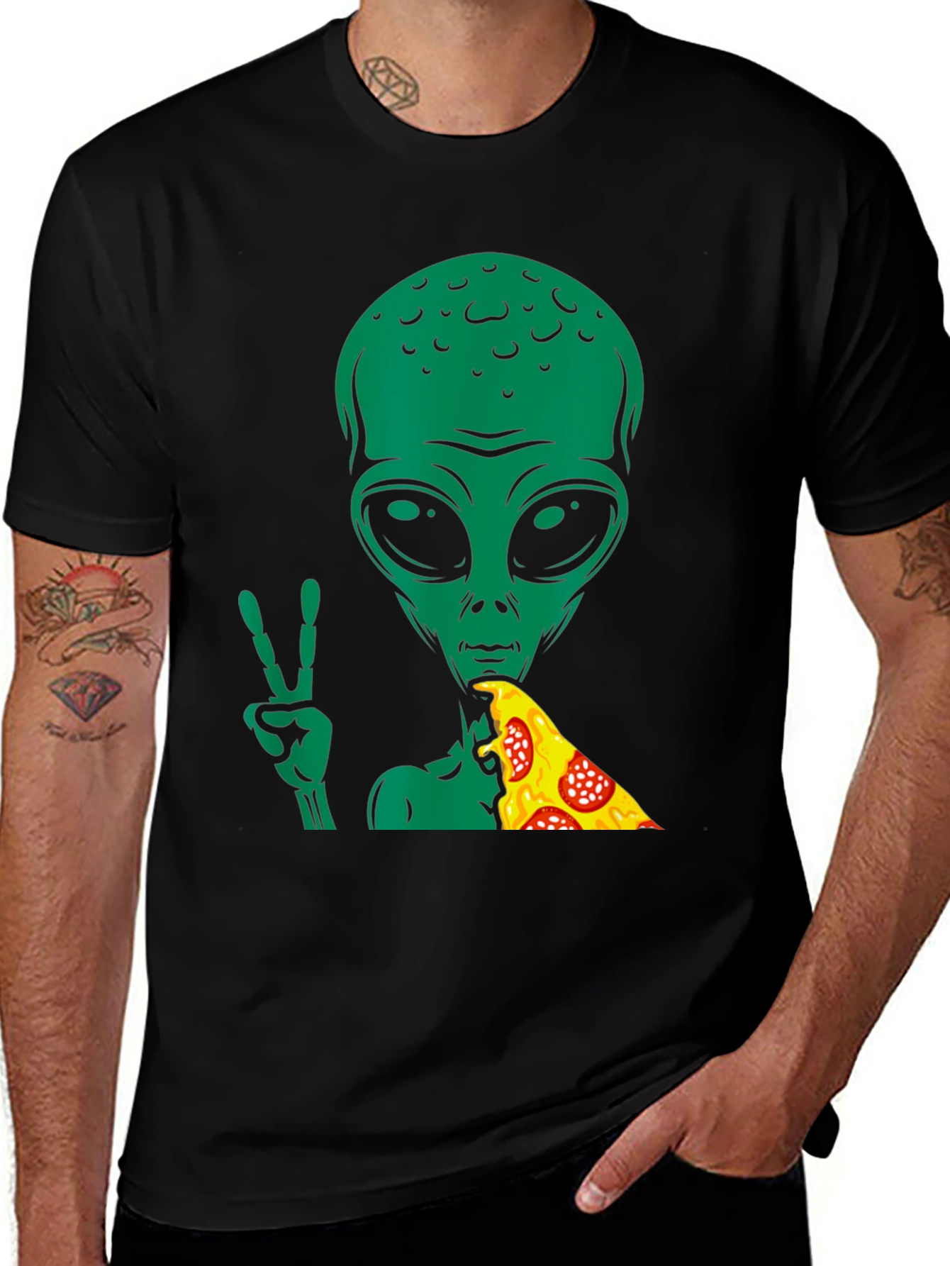 Alien Pizza Peace T-Shirt - Black Graphic Tee