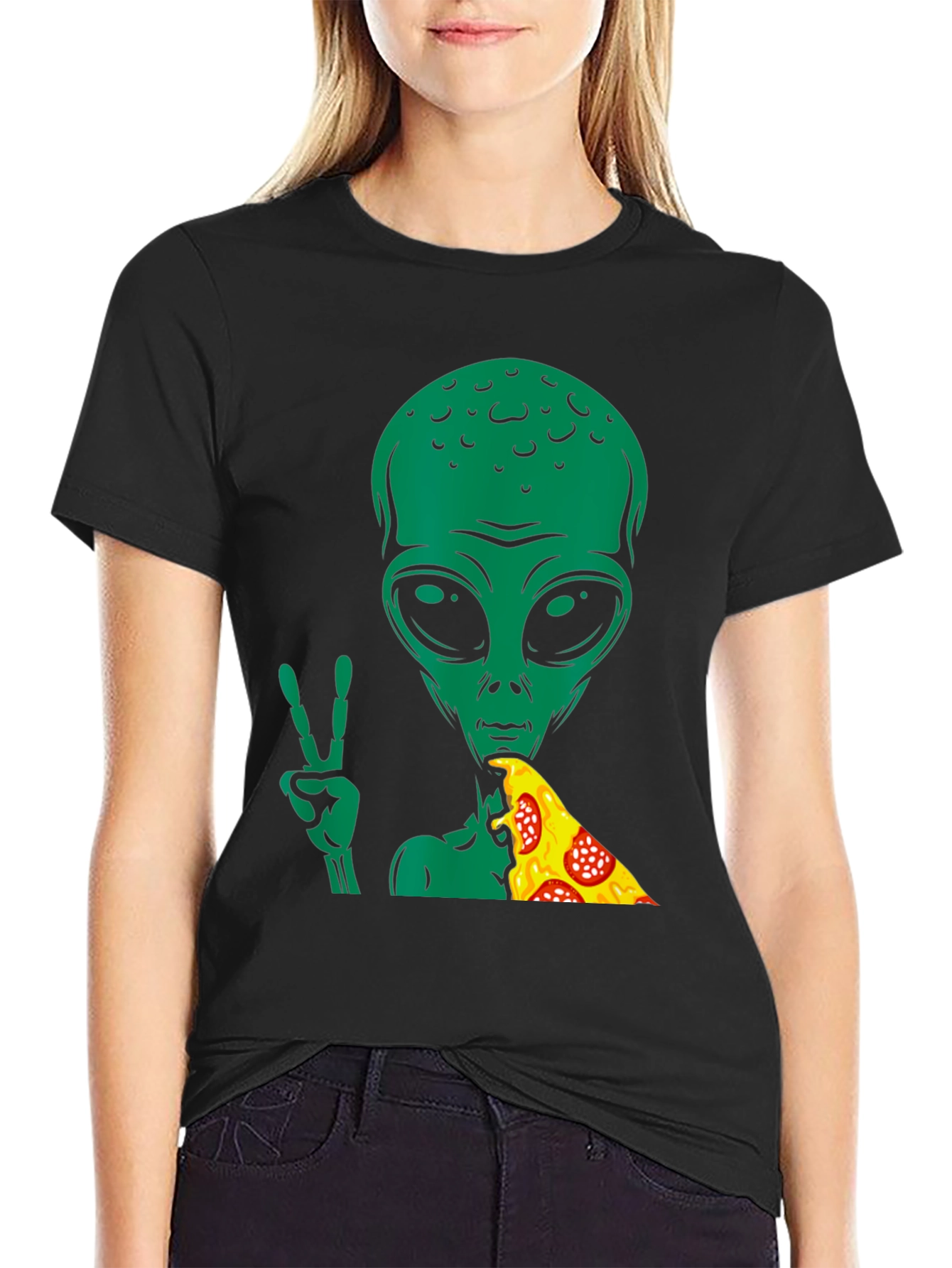 Alien Pizza Peace T-Shirt - Black Graphic Tee