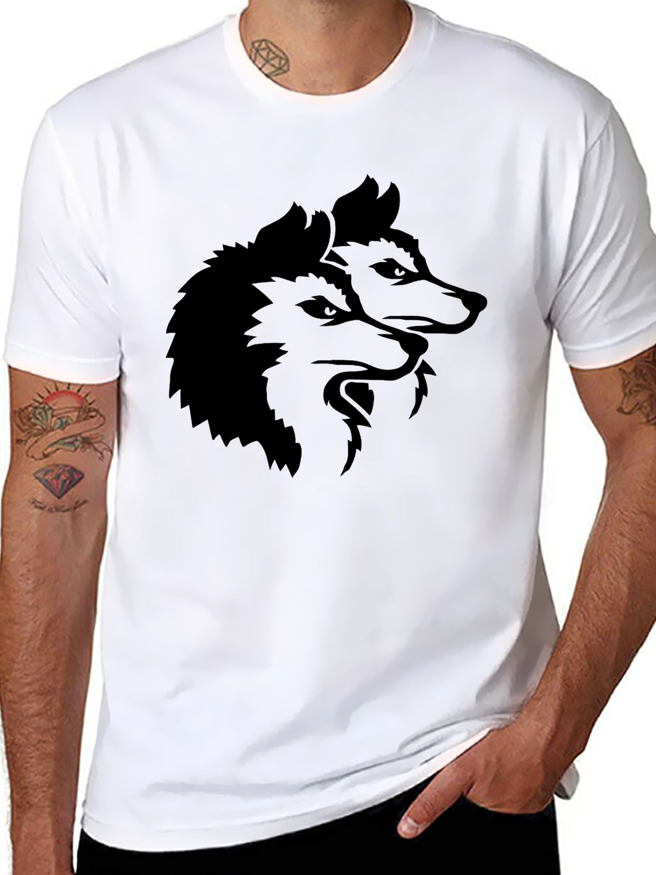 Mens Black T-Shirt with Wolf Graphic
