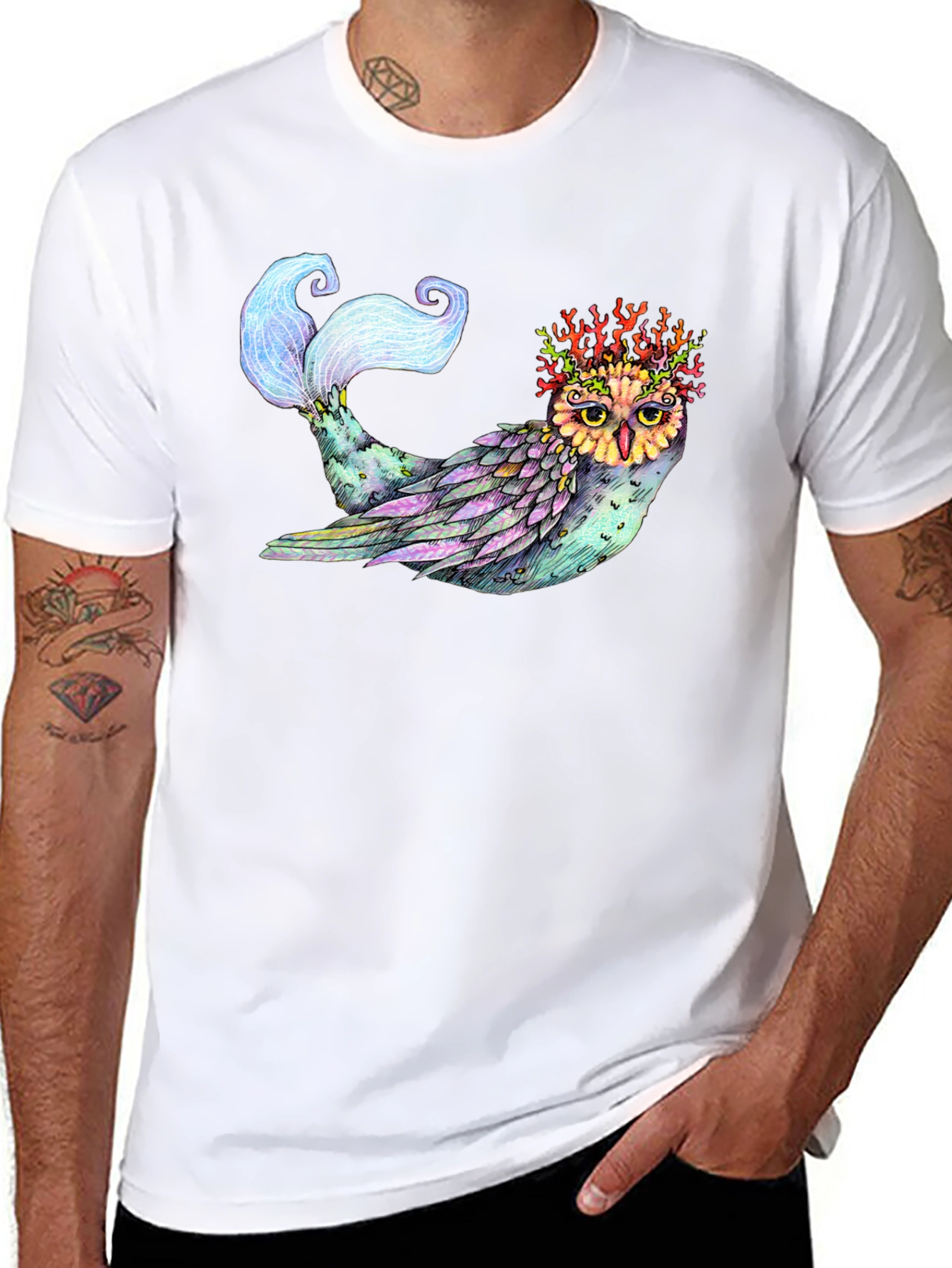 Mystical Owl Mermaid T-Shirt - Unique Fantasy Art