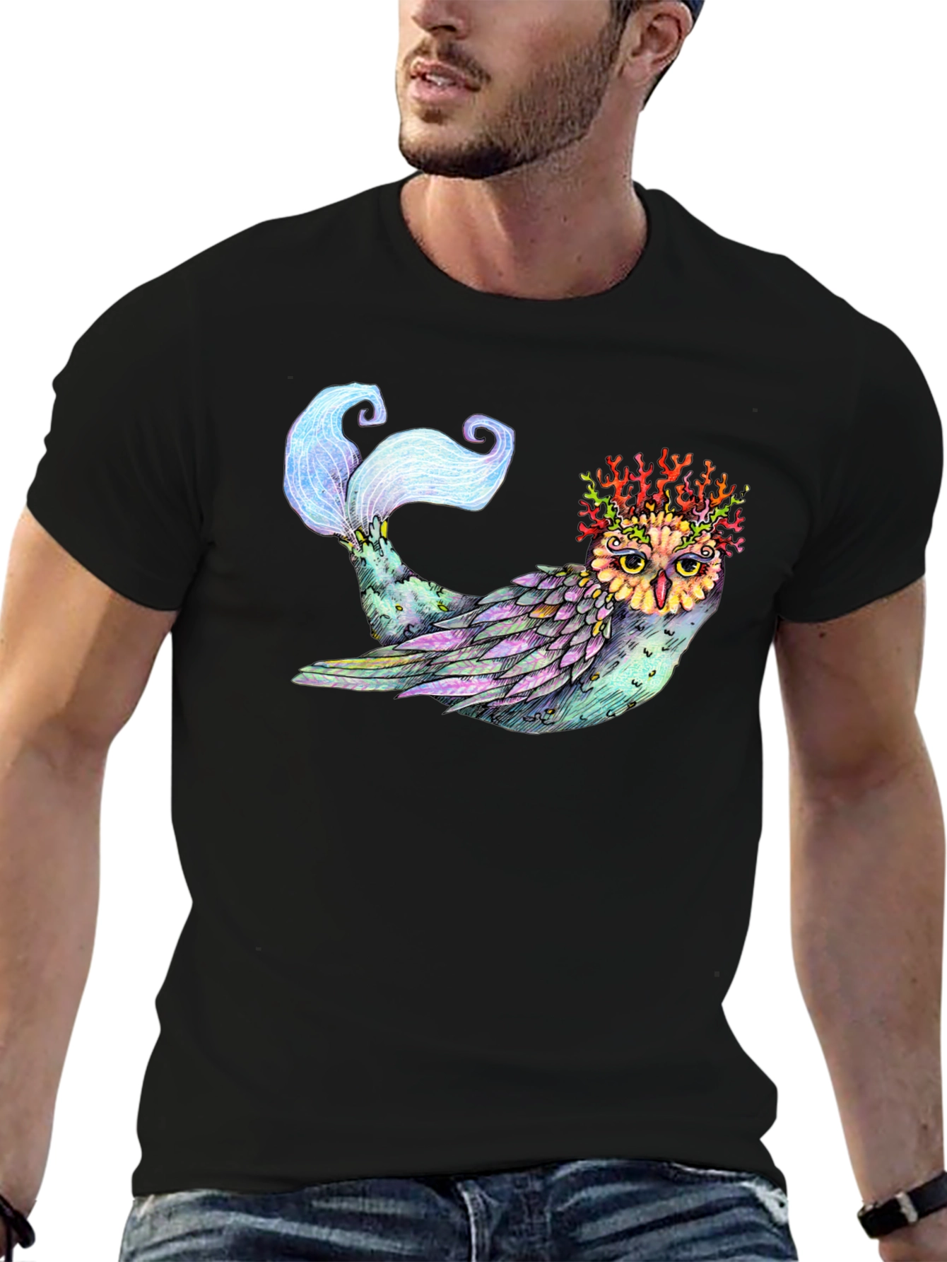 Mystical Owl Mermaid T-Shirt - Unique Fantasy Art