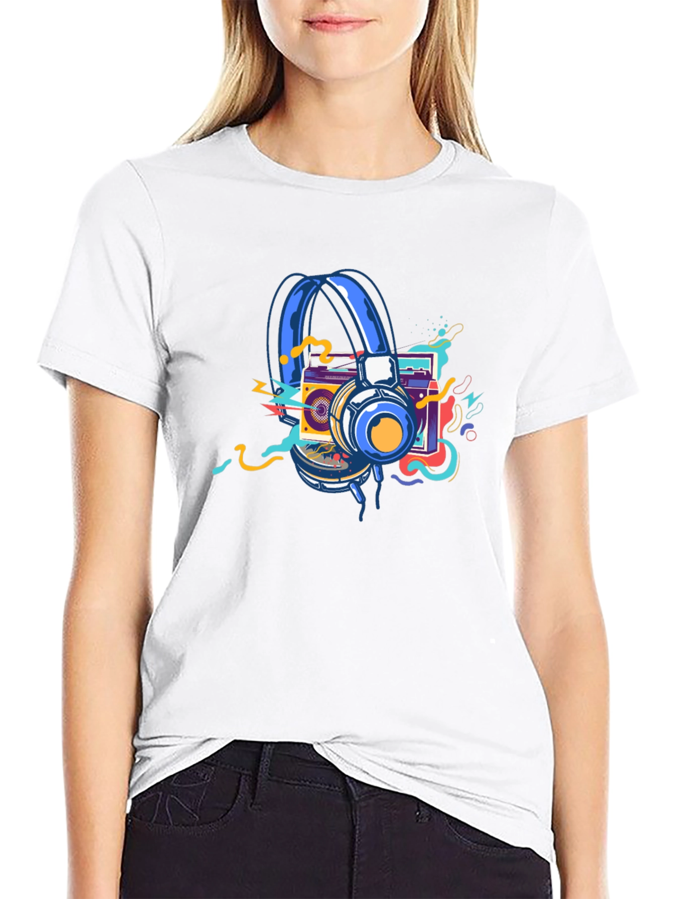 Retro Music Graphic T-Shirt: Headphones & Boombox