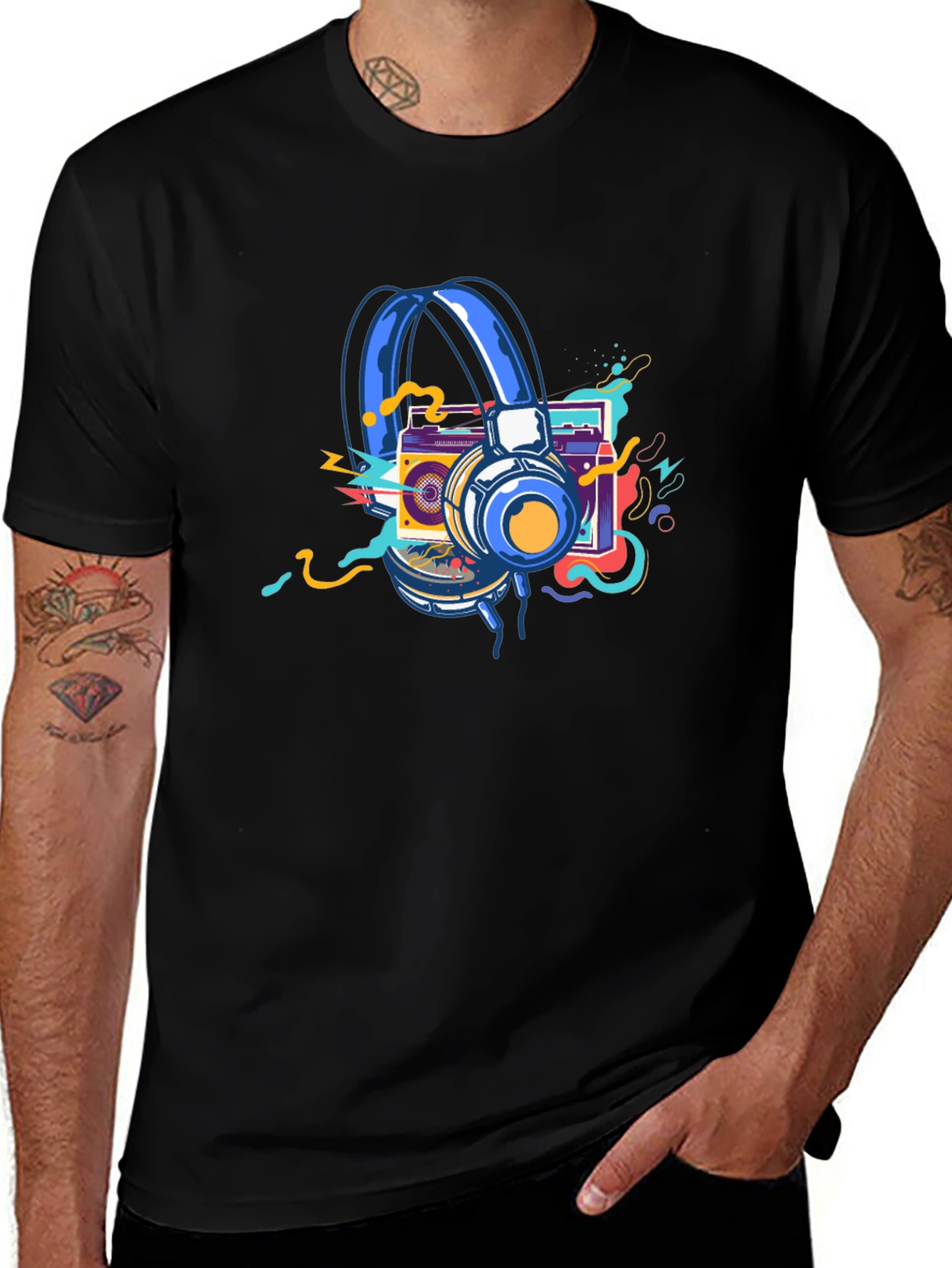 Retro Music Graphic T-Shirt: Headphones & Boombox