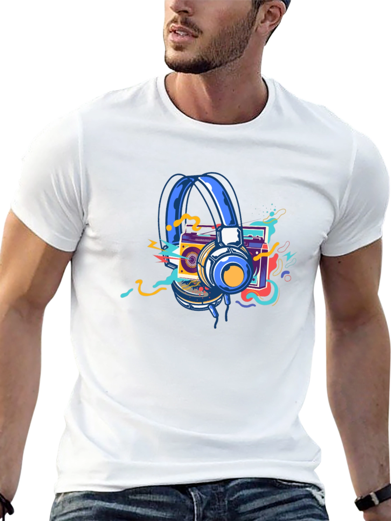 Retro Music Graphic T-Shirt: Headphones & Boombox