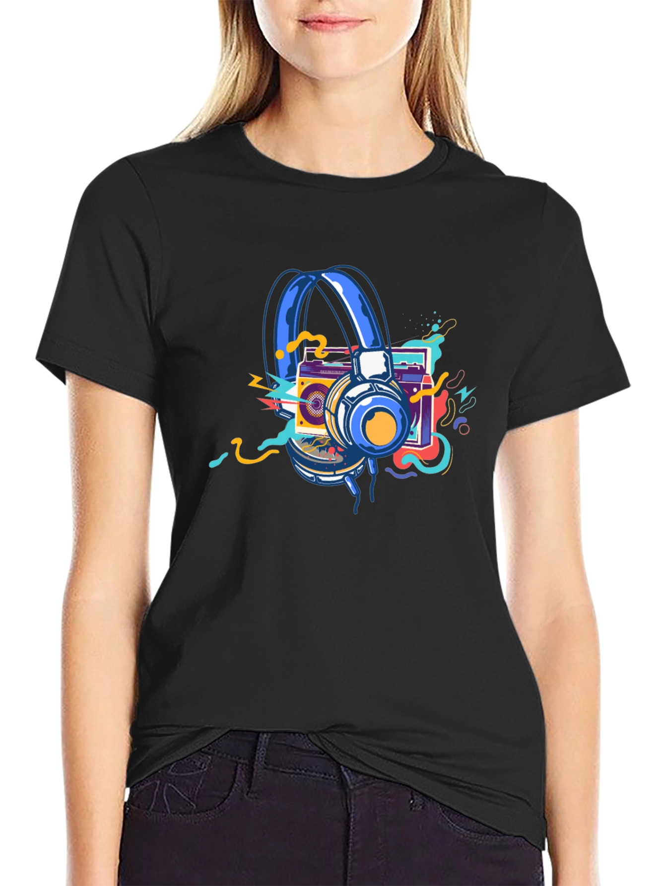 Retro Music Graphic T-Shirt: Headphones & Boombox