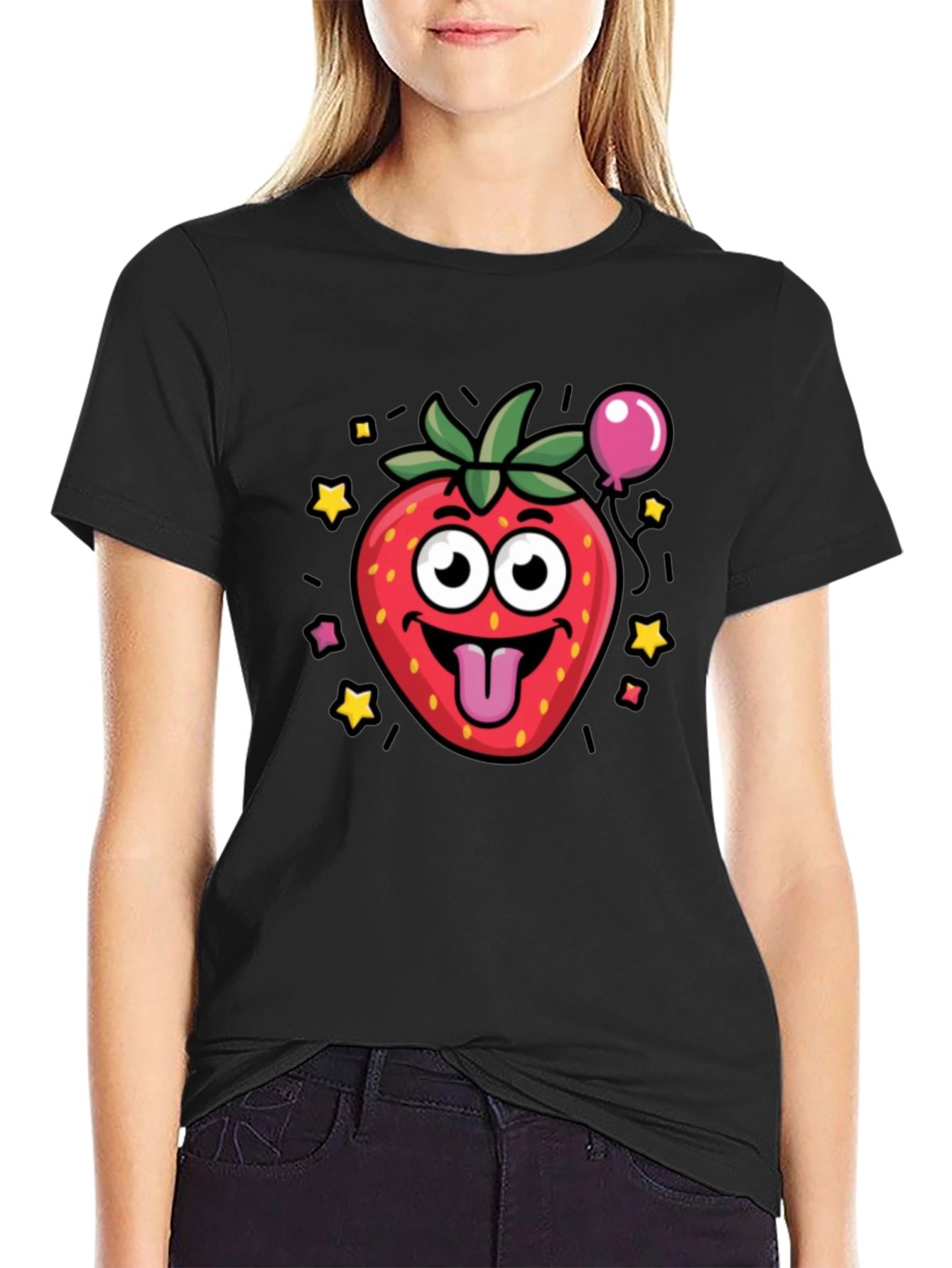 Strawberry Cartoon Graphic Black T-Shirt