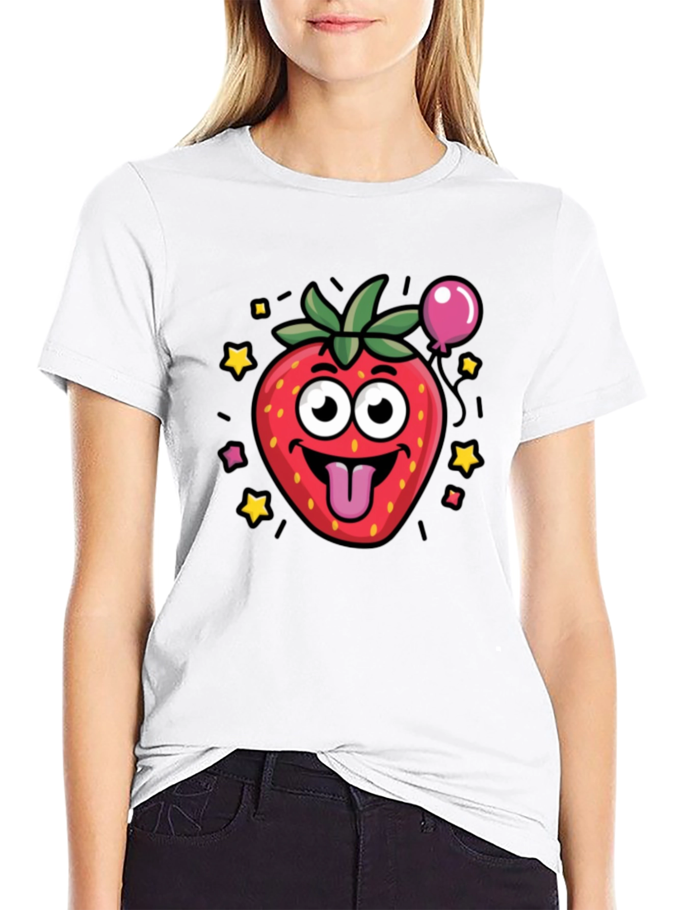 Strawberry Cartoon Graphic Black T-Shirt