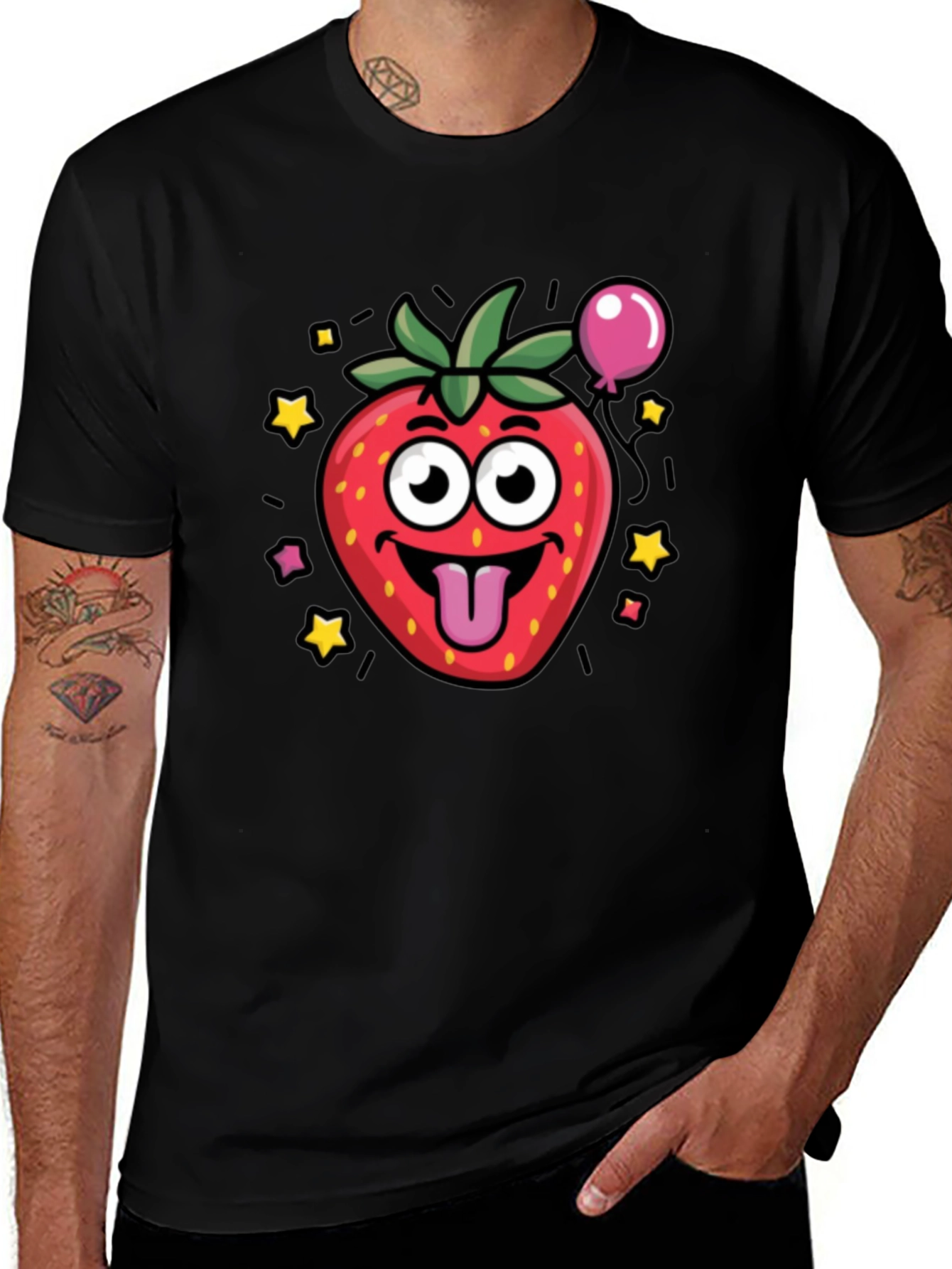 Strawberry Cartoon Graphic Black T-Shirt