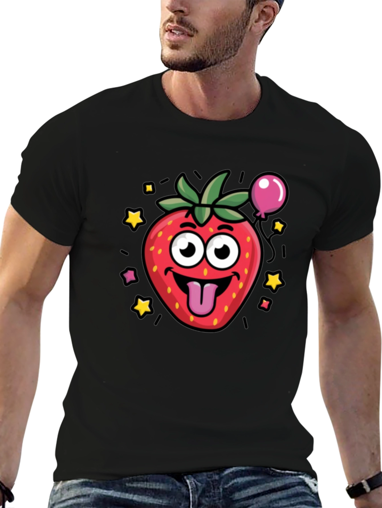 Strawberry Cartoon Graphic Black T-Shirt