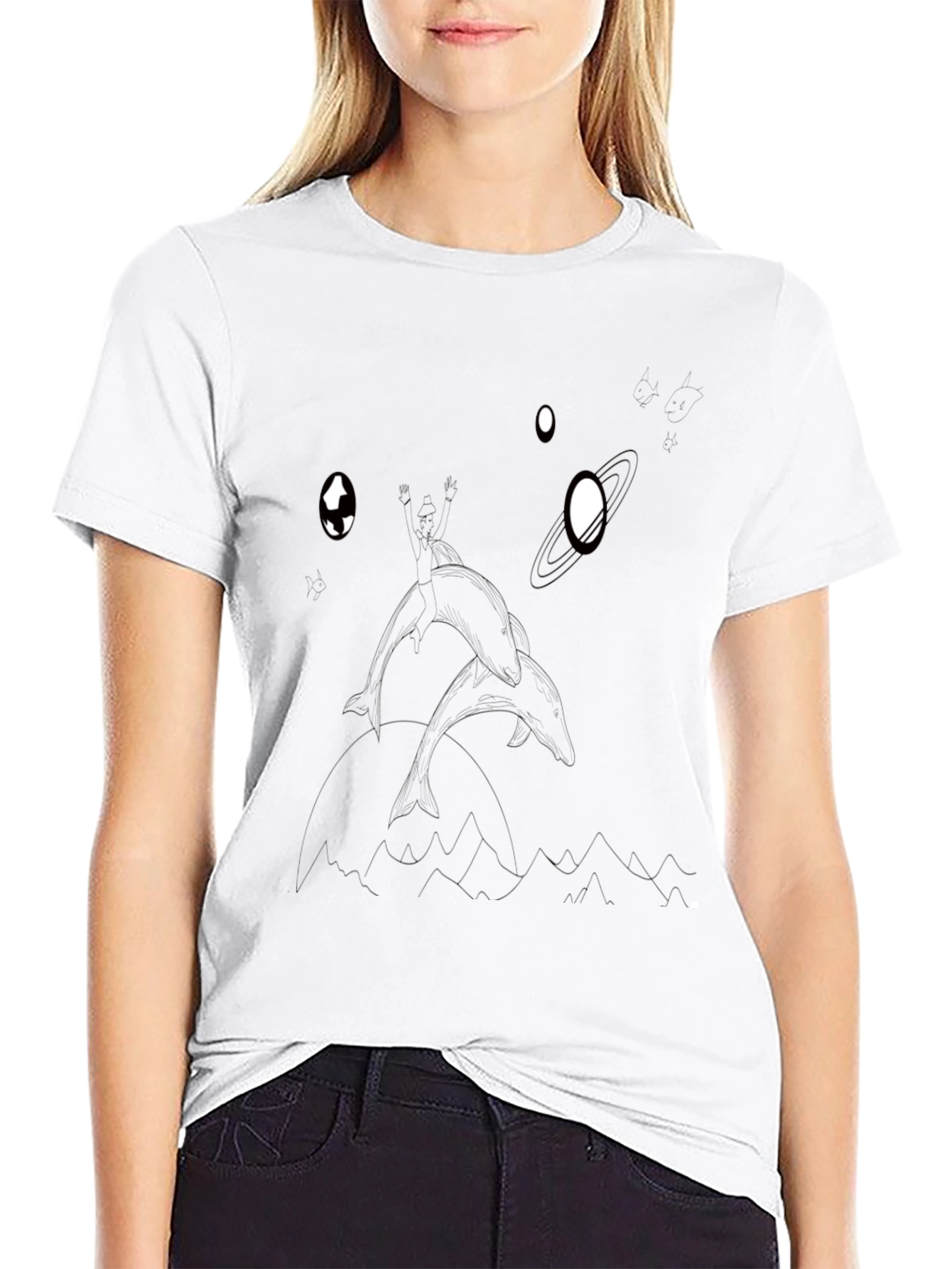Dolphin in Space Graphic T-Shirt - Black Cotton Tee