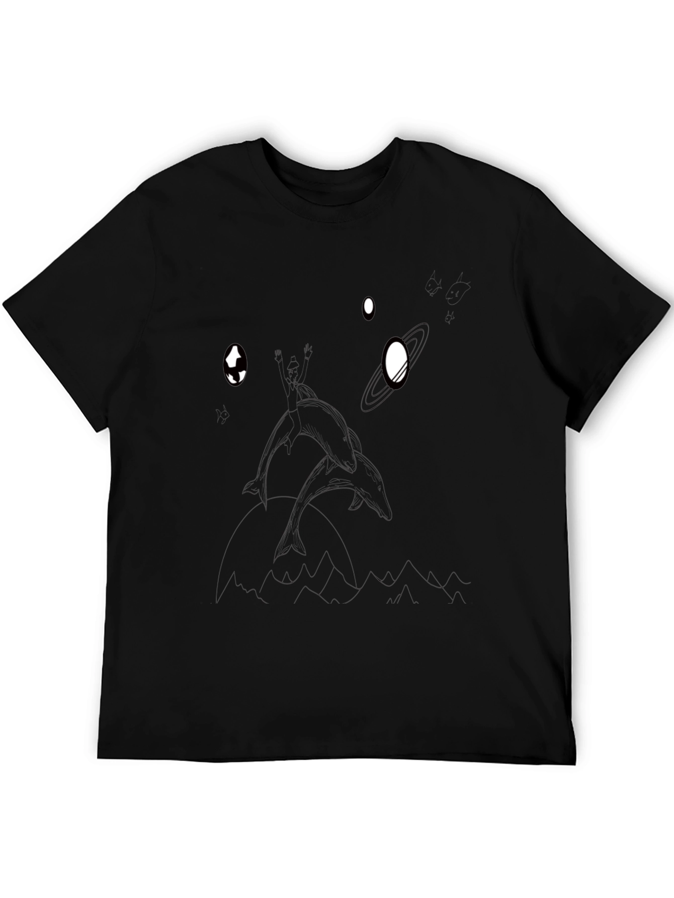 Dolphin in Space Graphic T-Shirt - Black Cotton Tee