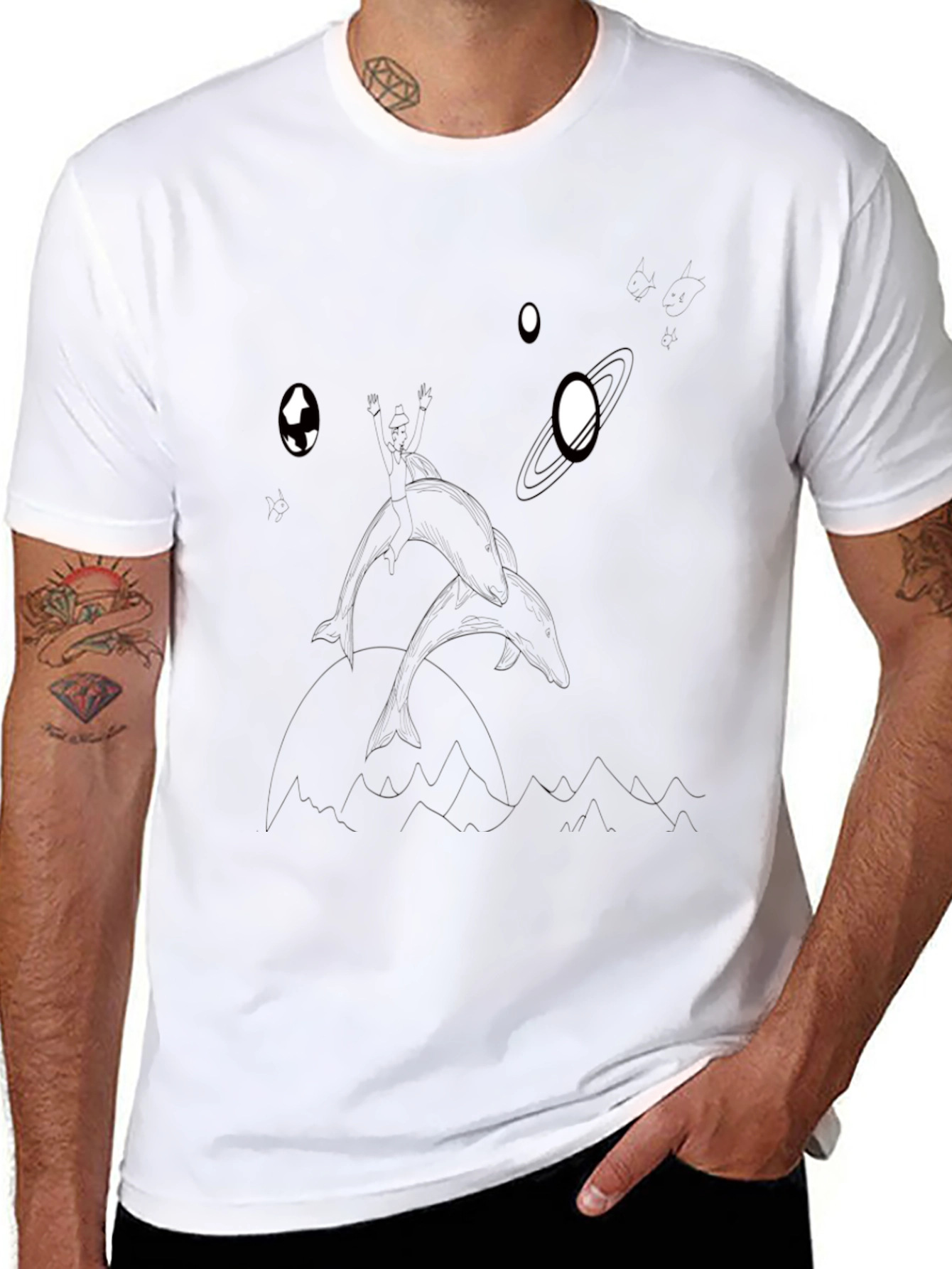 Dolphin in Space Graphic T-Shirt - Black Cotton Tee