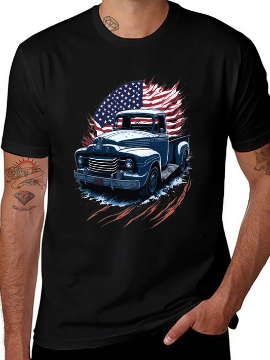 Vintage Truck American Flag Graphic T-Shirt