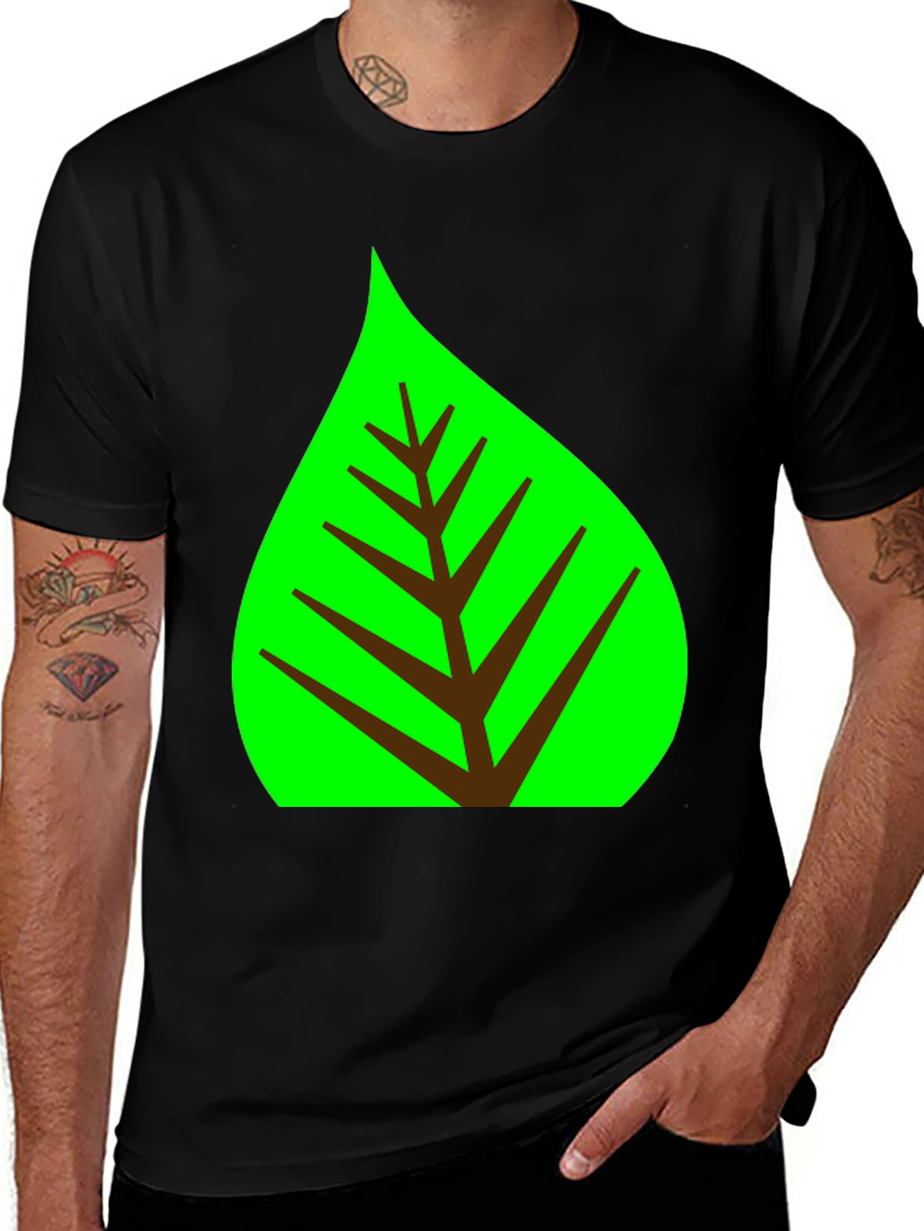 Green Leaf Graphic Tee - Black Cotton Shirt