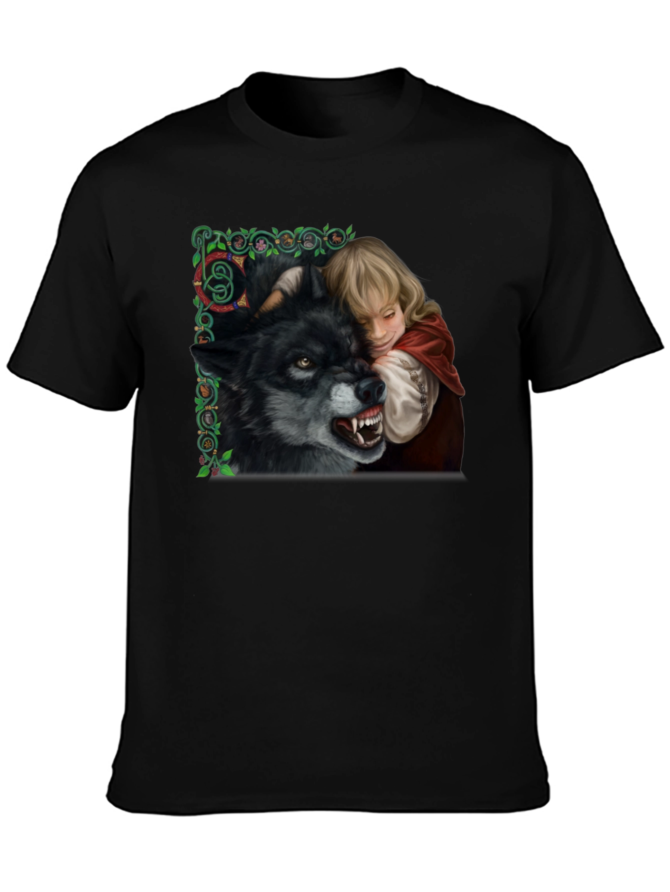 Red Riding Hood Wolf Graphic Black T-Shirt