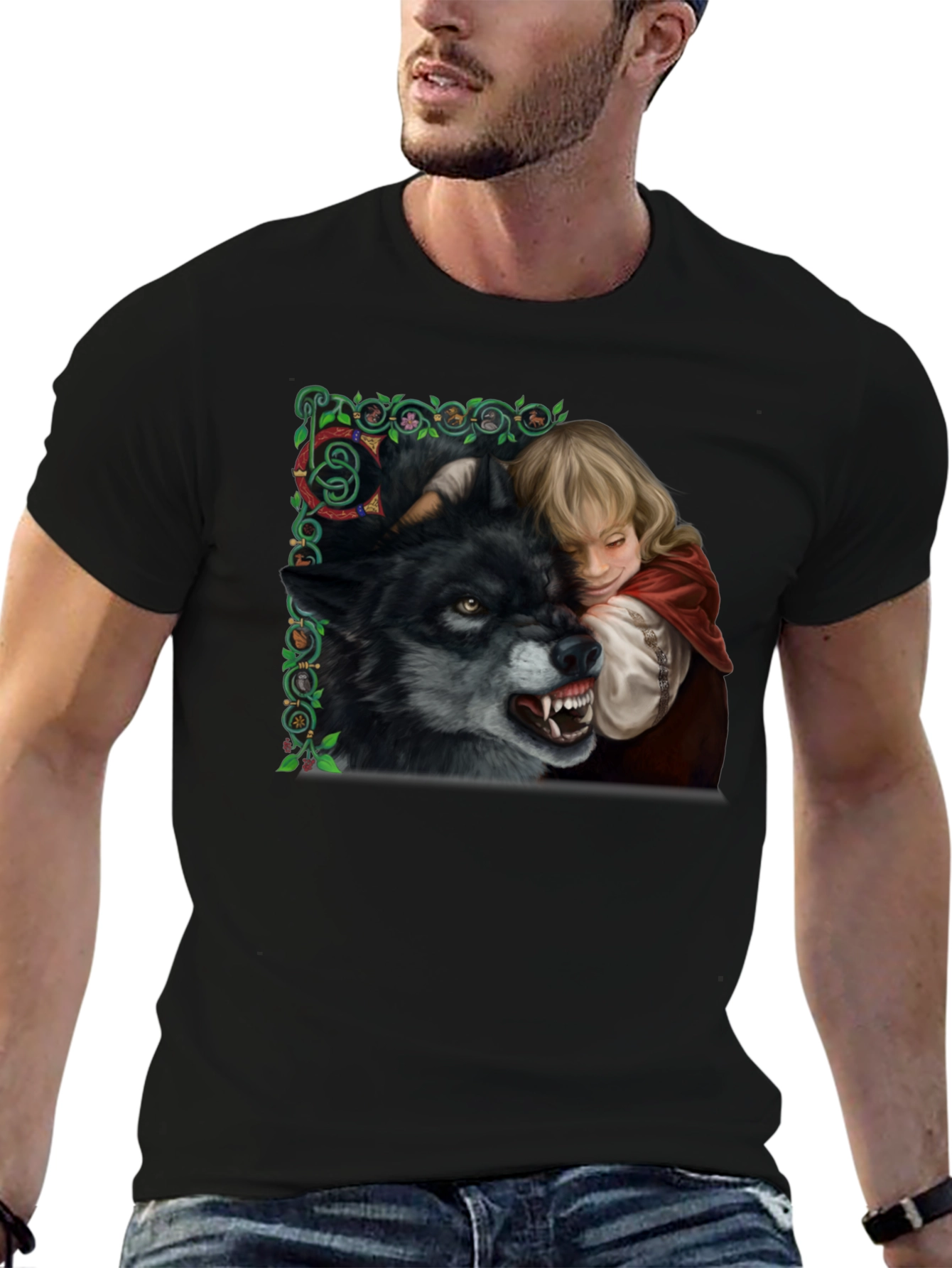 Red Riding Hood Wolf Graphic Black T-Shirt