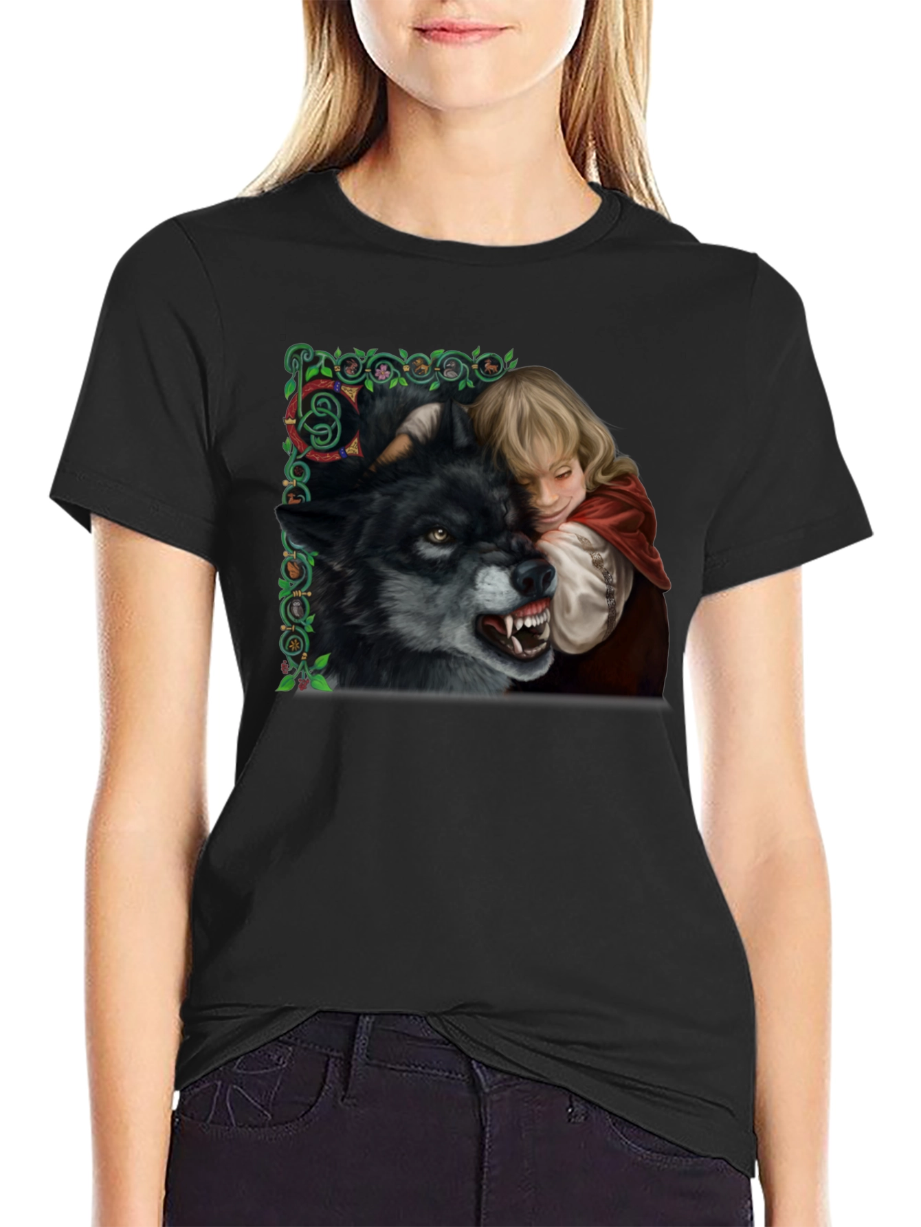 Red Riding Hood Wolf Graphic Black T-Shirt
