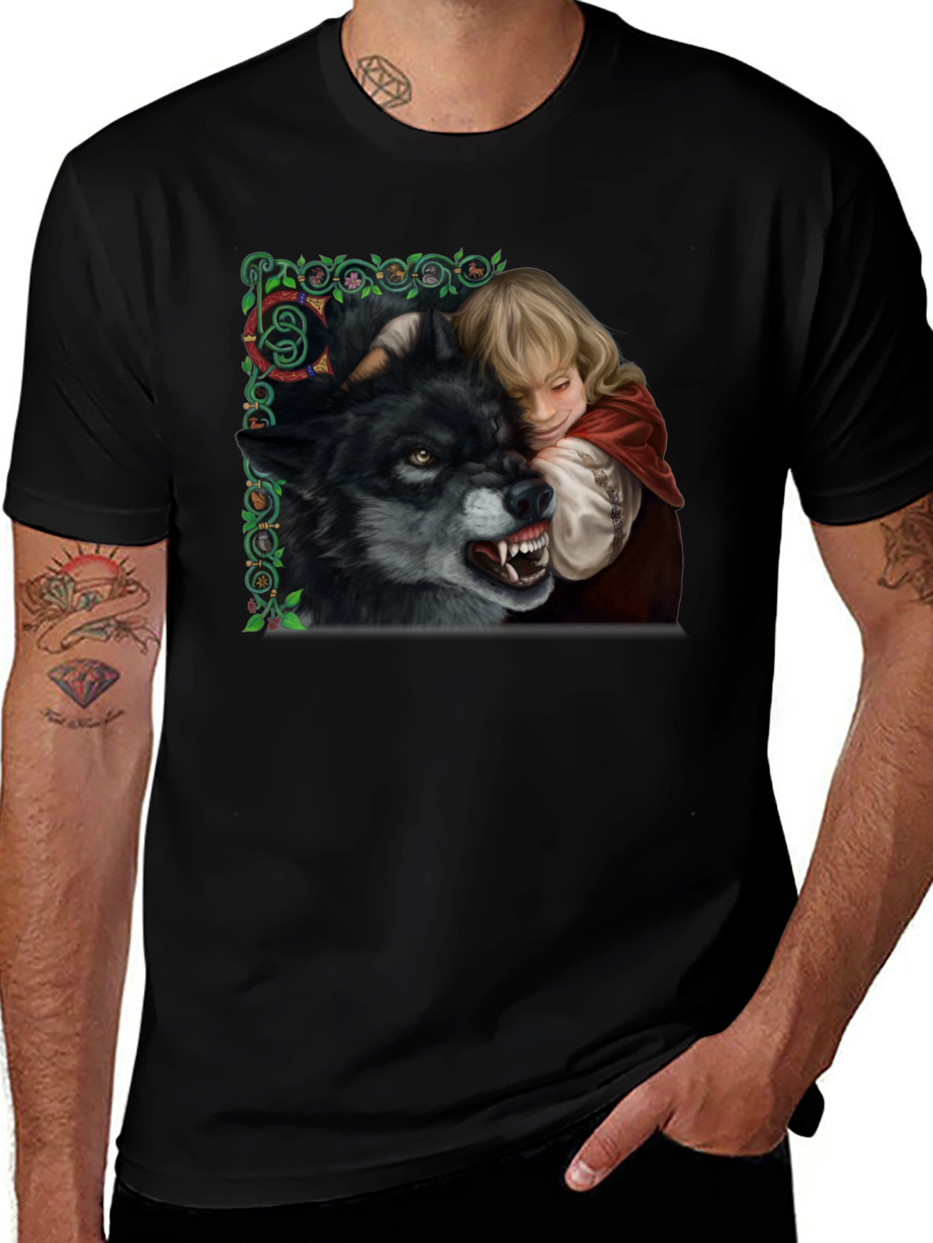 Red Riding Hood Wolf Graphic Black T-Shirt