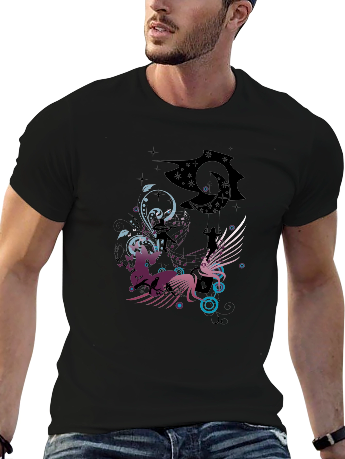 Fantasy Graphic Print Mens Black T-Shirt