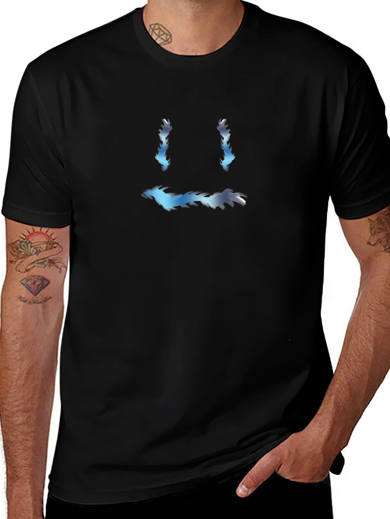 Mens Black Tee with Unique Abstract Face Design