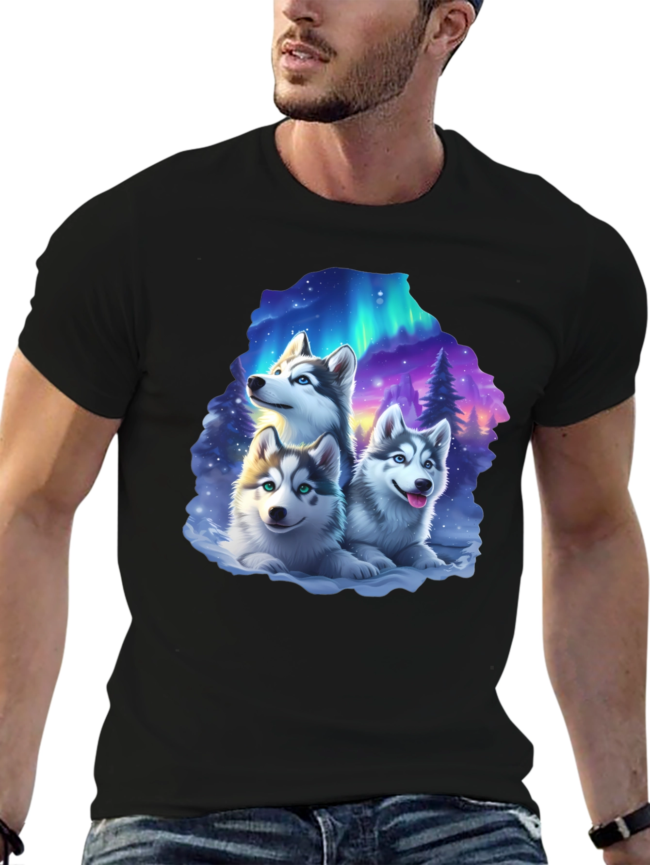 Husky Northern Lights T-Shirt – Cute Husky Puppies Graphic Tee