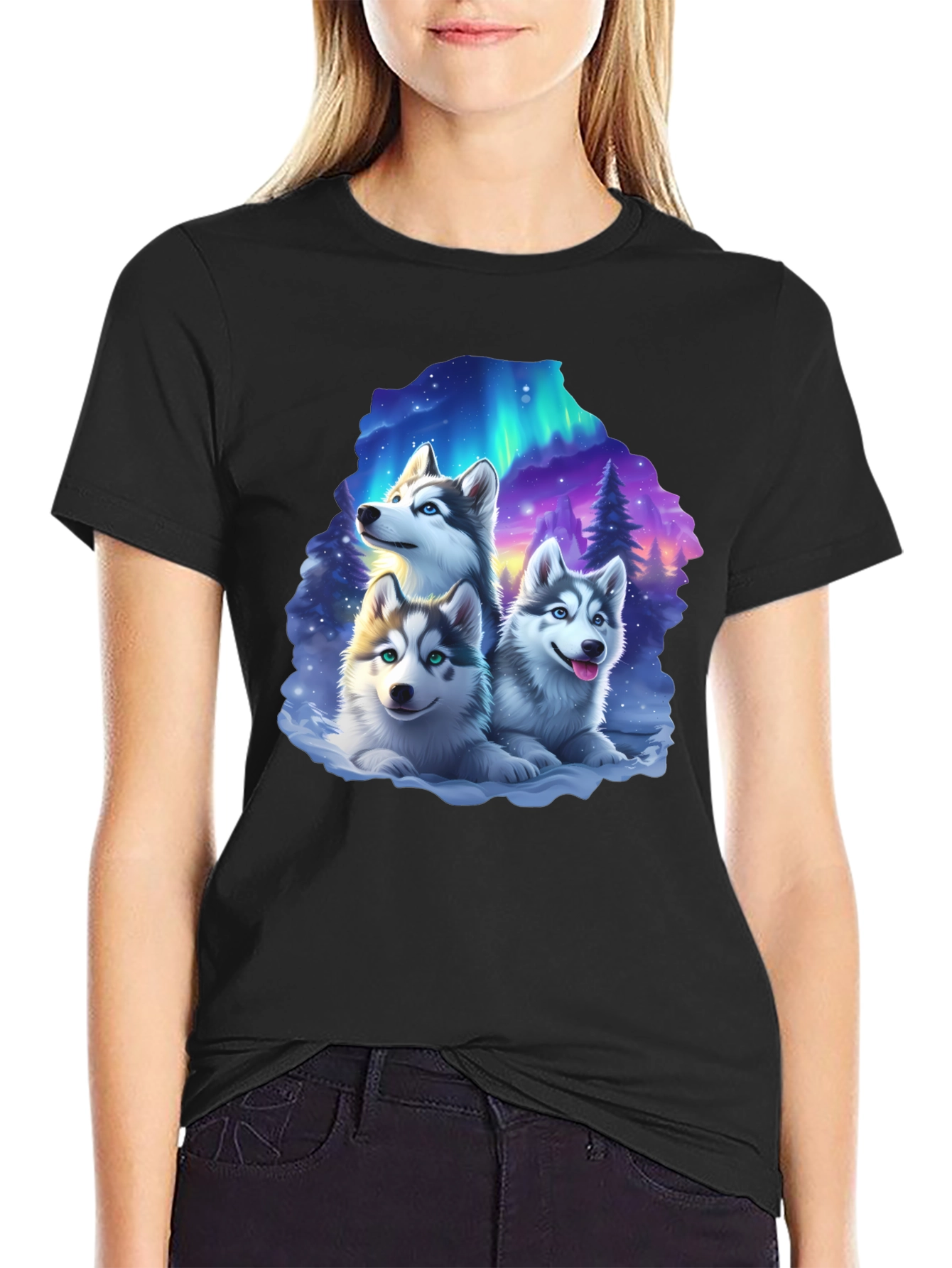 Husky Northern Lights T-Shirt – Cute Husky Puppies Graphic Tee