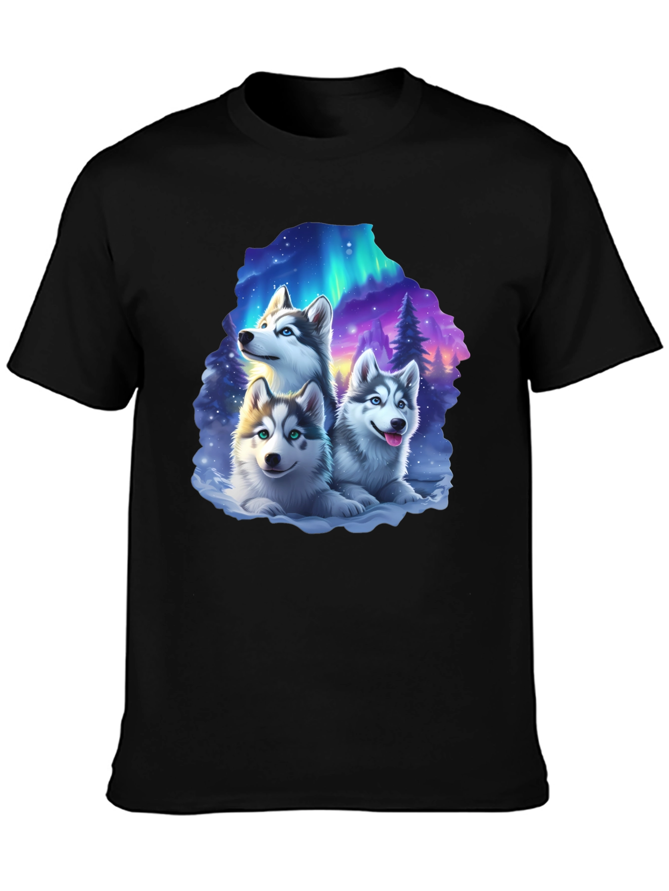 Husky Northern Lights T-Shirt – Cute Husky Puppies Graphic Tee