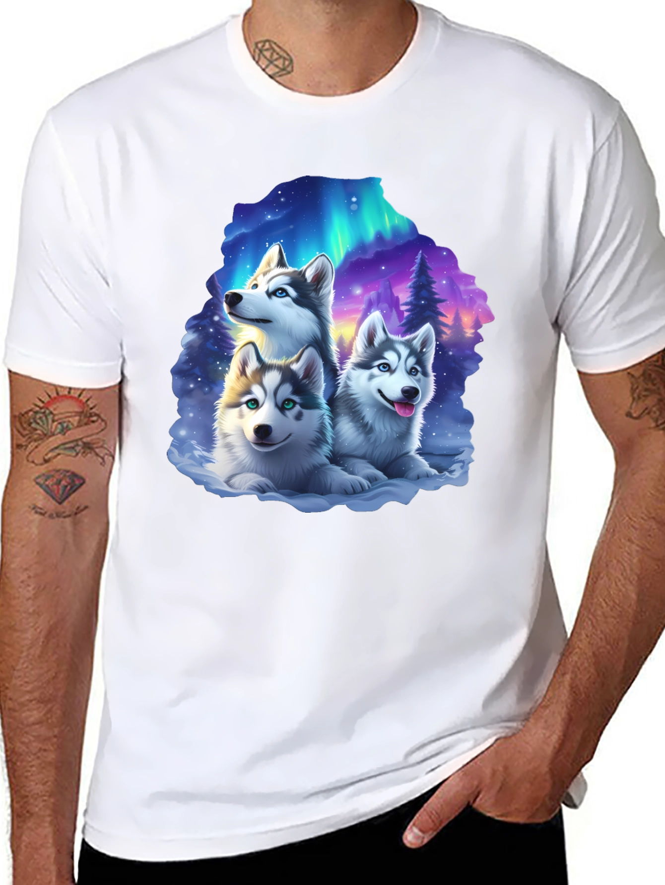 Husky Northern Lights T-Shirt – Cute Husky Puppies Graphic Tee