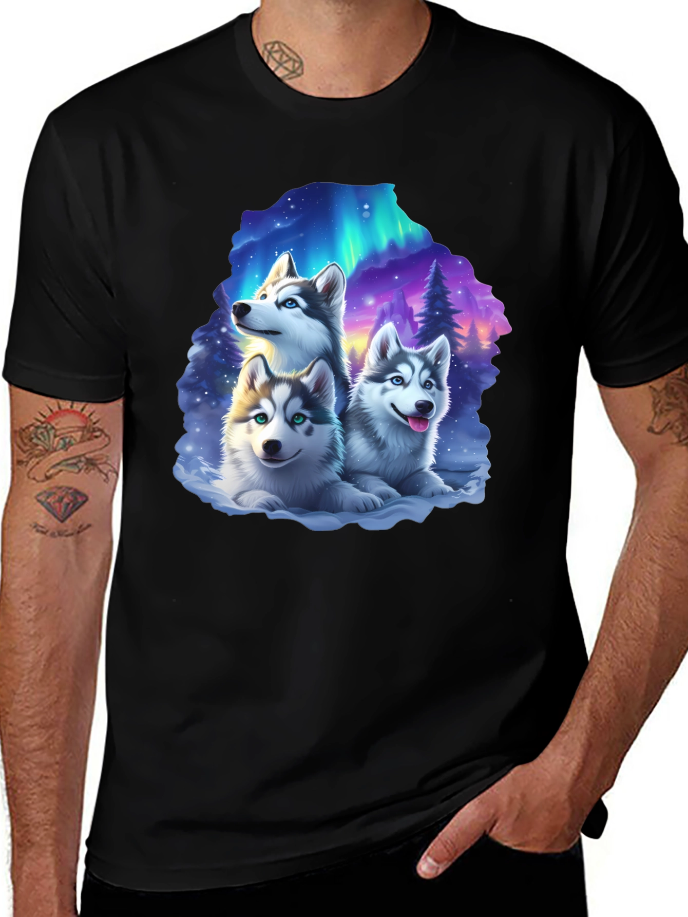 Husky Northern Lights T-Shirt – Cute Husky Puppies Graphic Tee