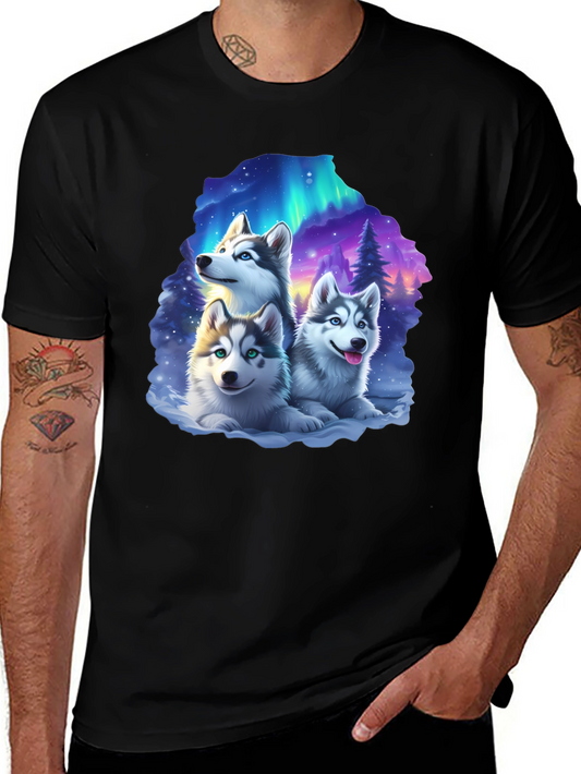 Husky Northern Lights T-Shirt – Cute Husky Puppies Graphic Tee