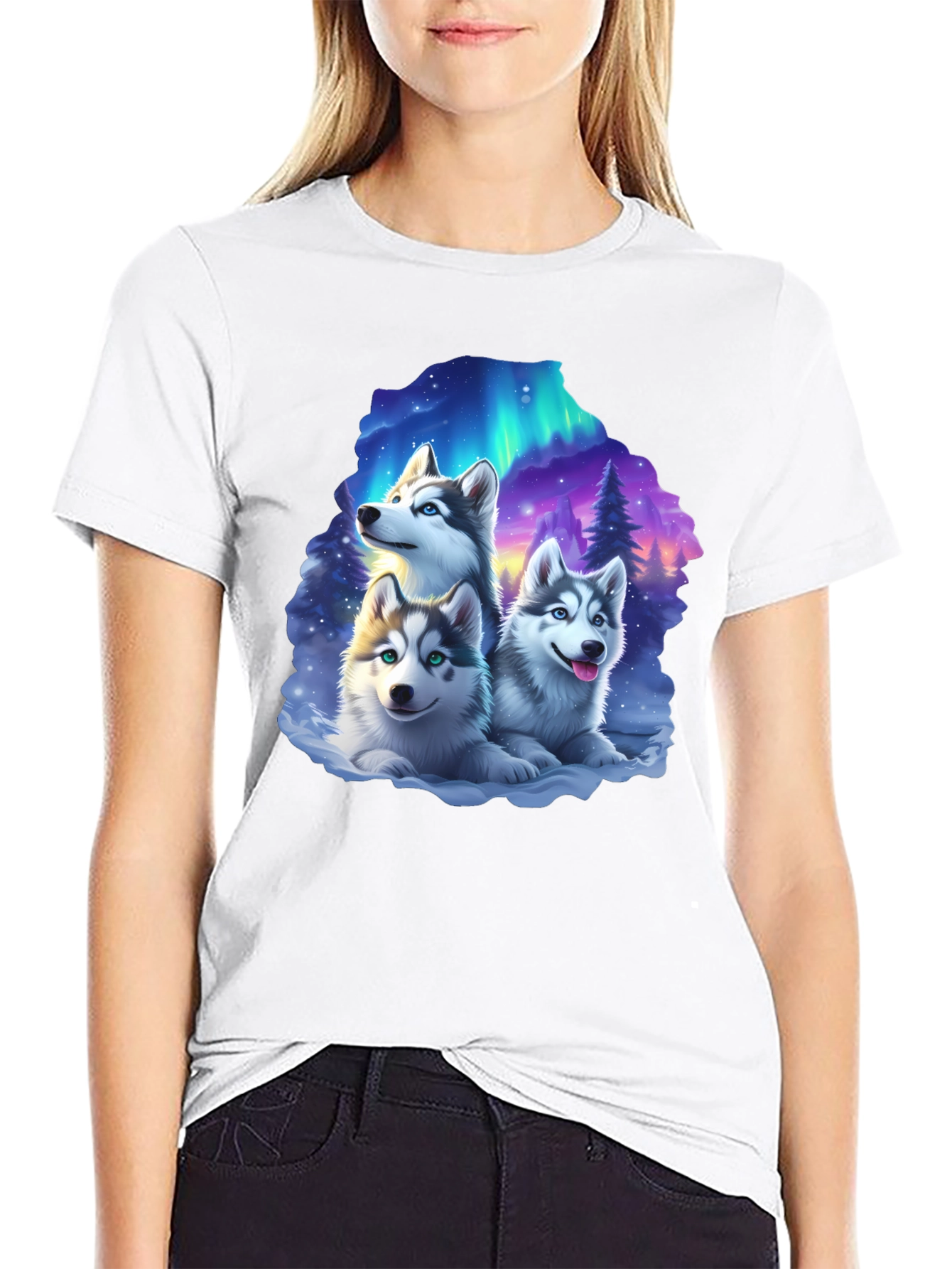 Husky Northern Lights T-Shirt – Cute Husky Puppies Graphic Tee