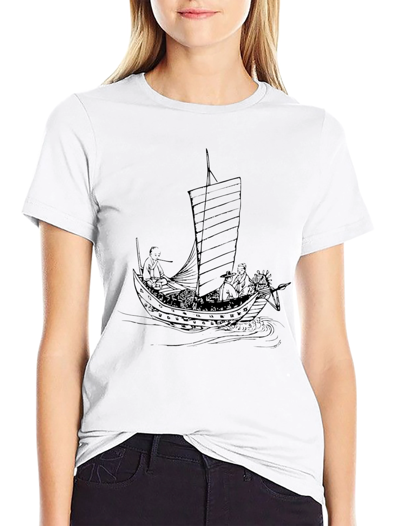 Black T-Shirt with Junk Ship Graphic