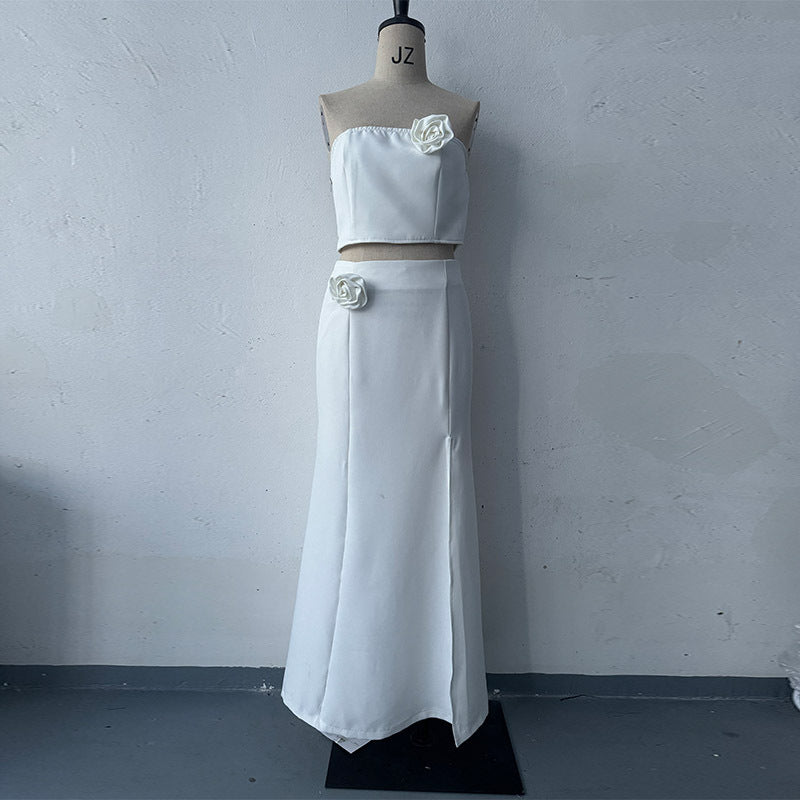 Solid color spicy girl strapless top and skirt set