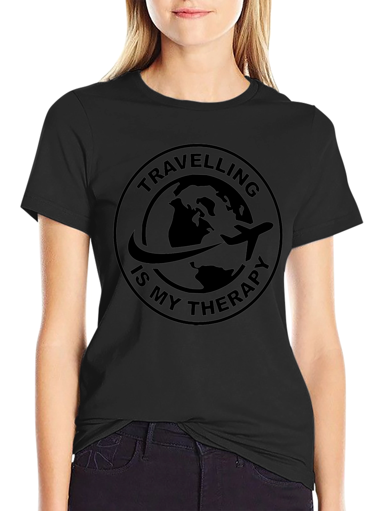 Travel Therapy Black T-Shirt - Globe Airplane Design
