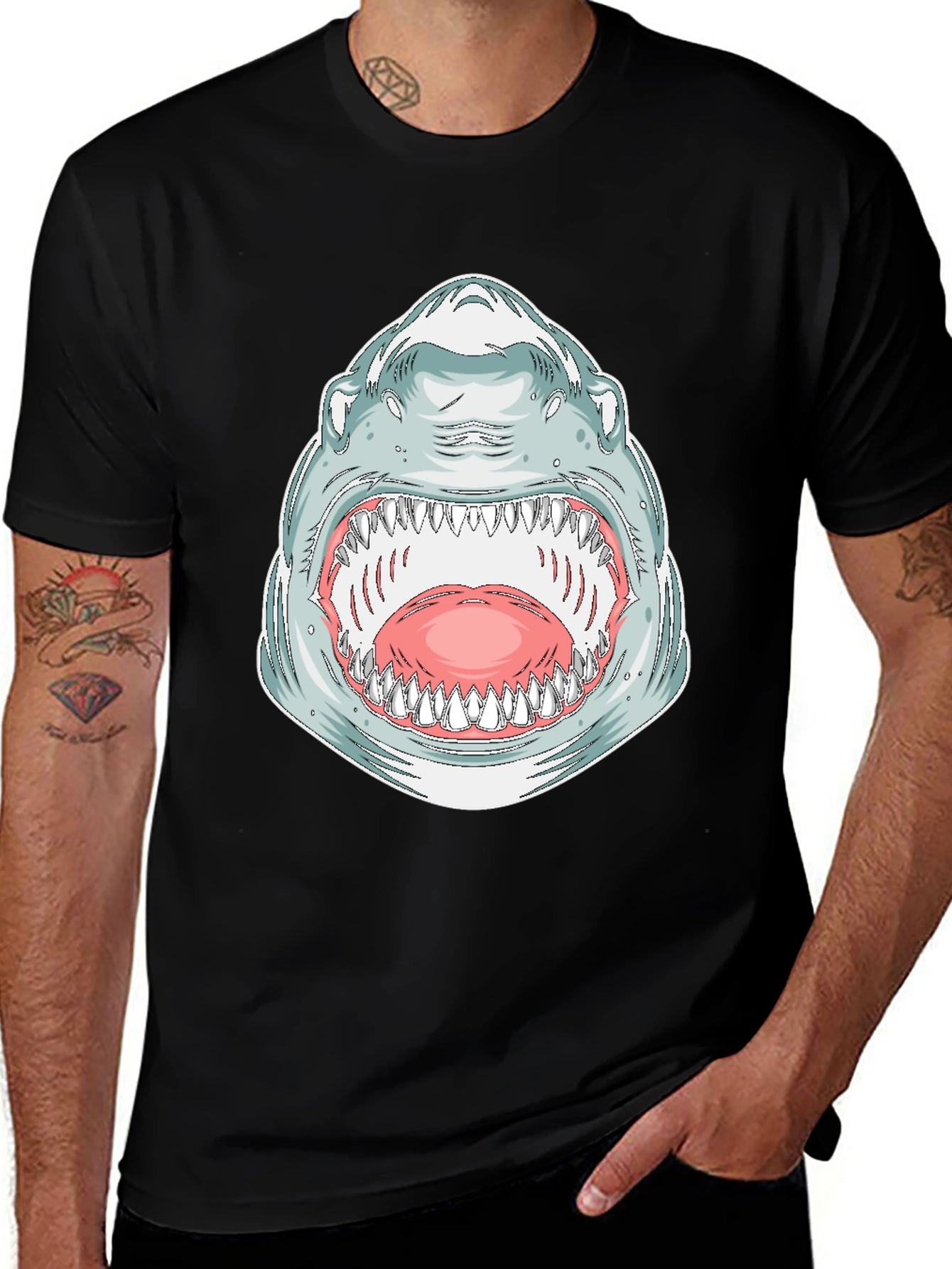 Shark Mouth Graphic Tee - Bold Black Cotton T-Shirt