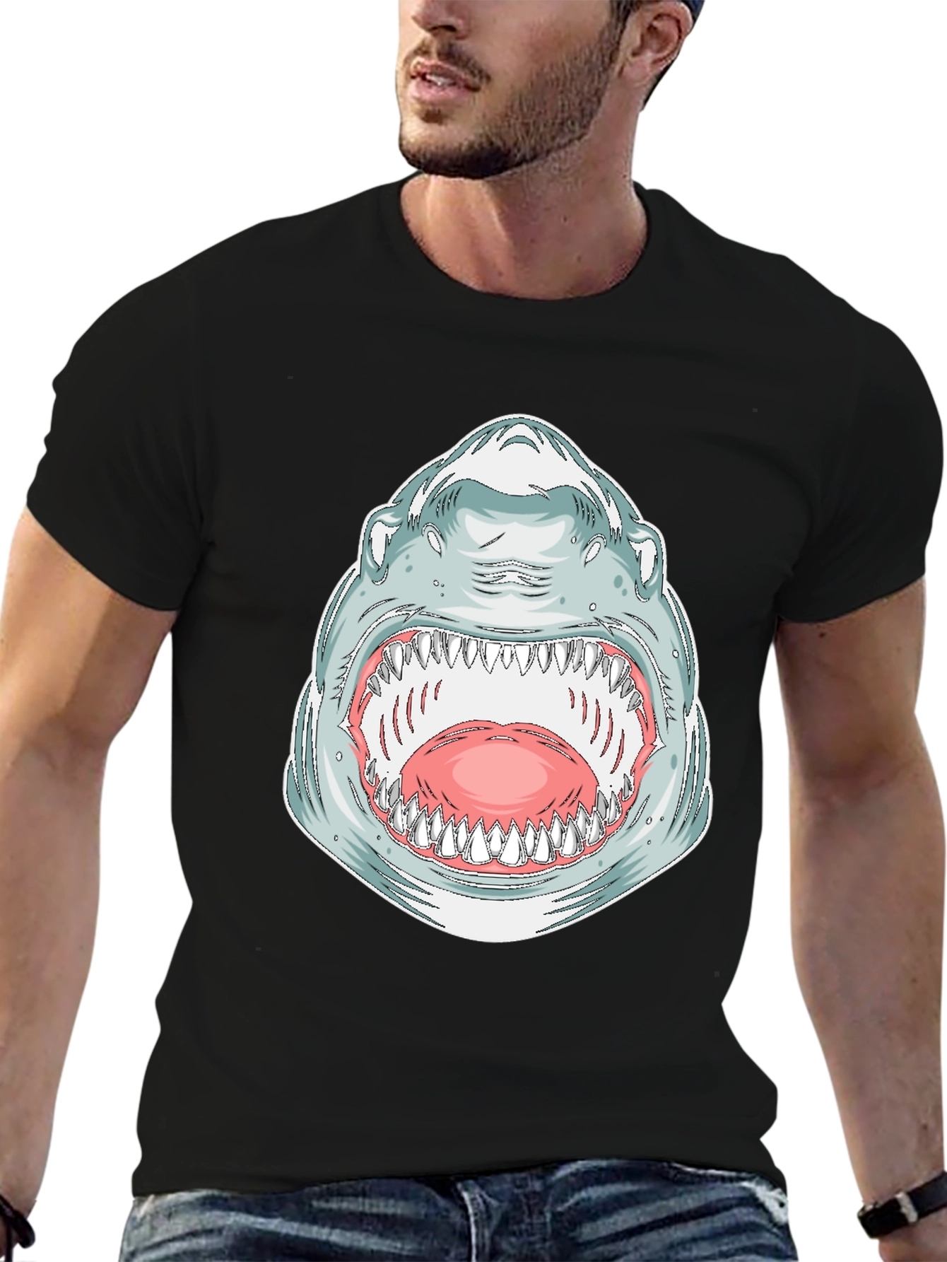 Shark Mouth Graphic Tee - Bold Black Cotton T-Shirt