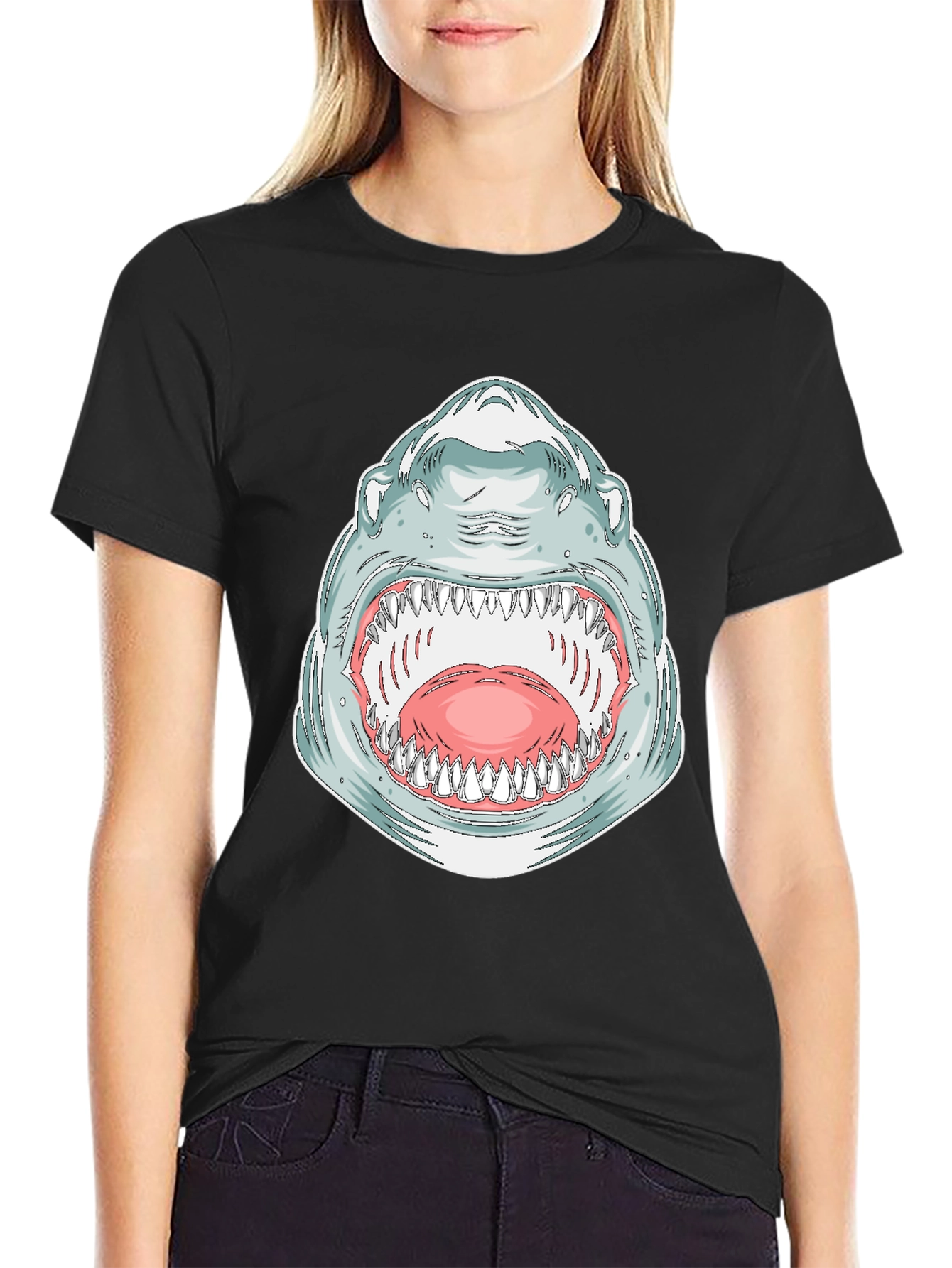 Shark Mouth Graphic Tee - Bold Black Cotton T-Shirt