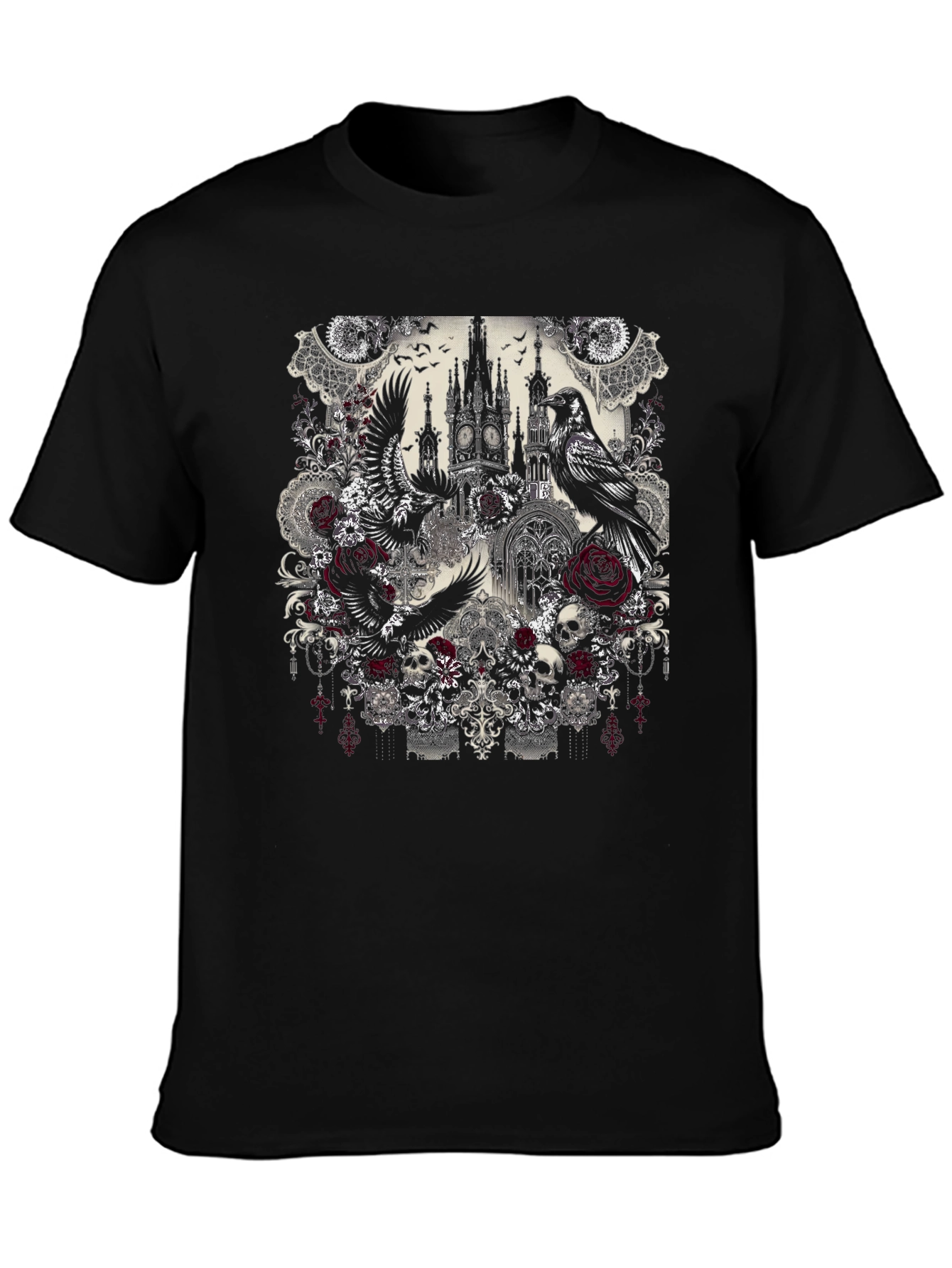 Gothic Raven & Rose Skull T-Shirt