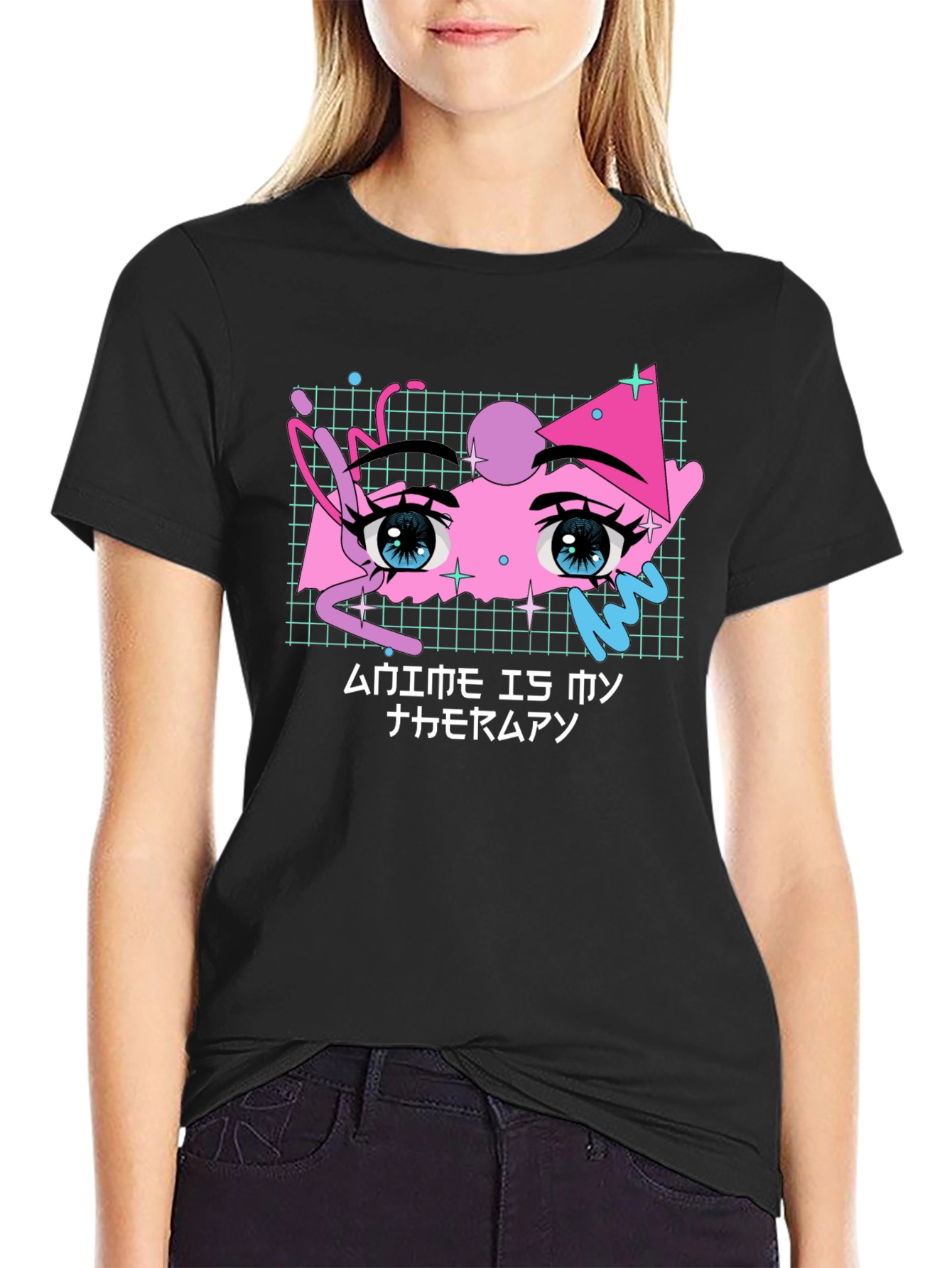 Anime Eyes Graphic Black T-Shirt