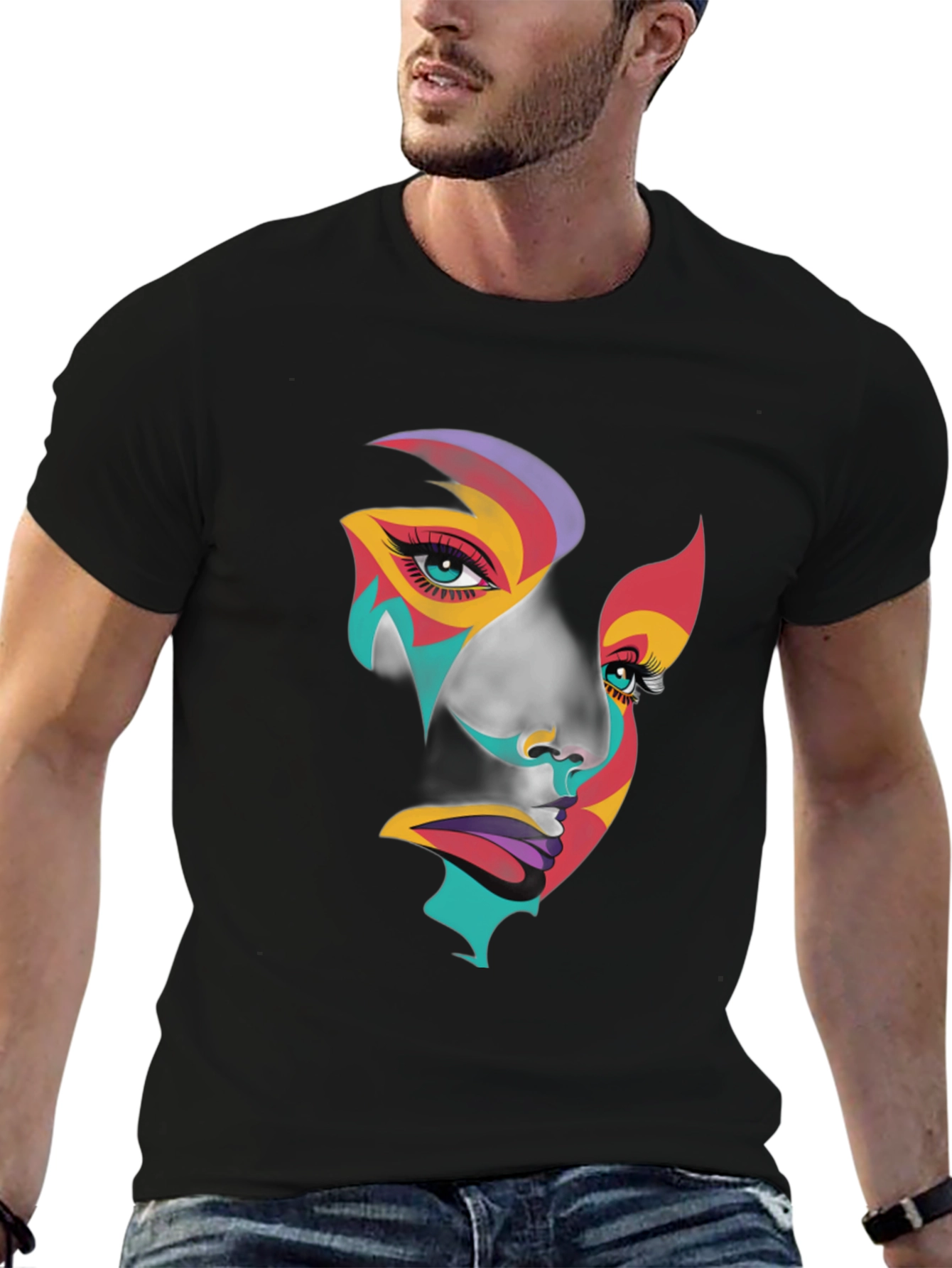 Abstract Face Graphic Tee - Artistic Black T-Shirt