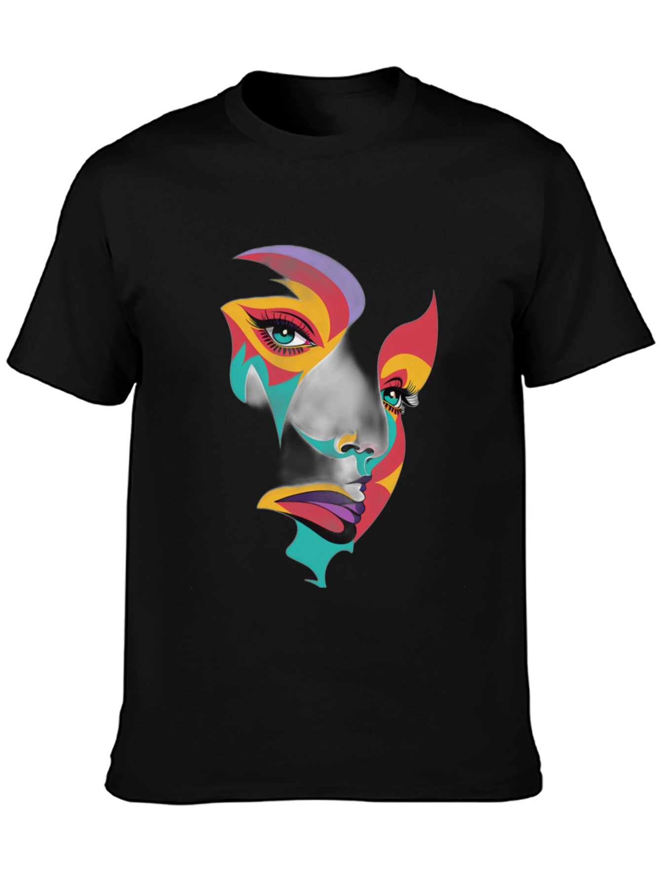 Abstract Face Graphic Tee - Artistic Black T-Shirt