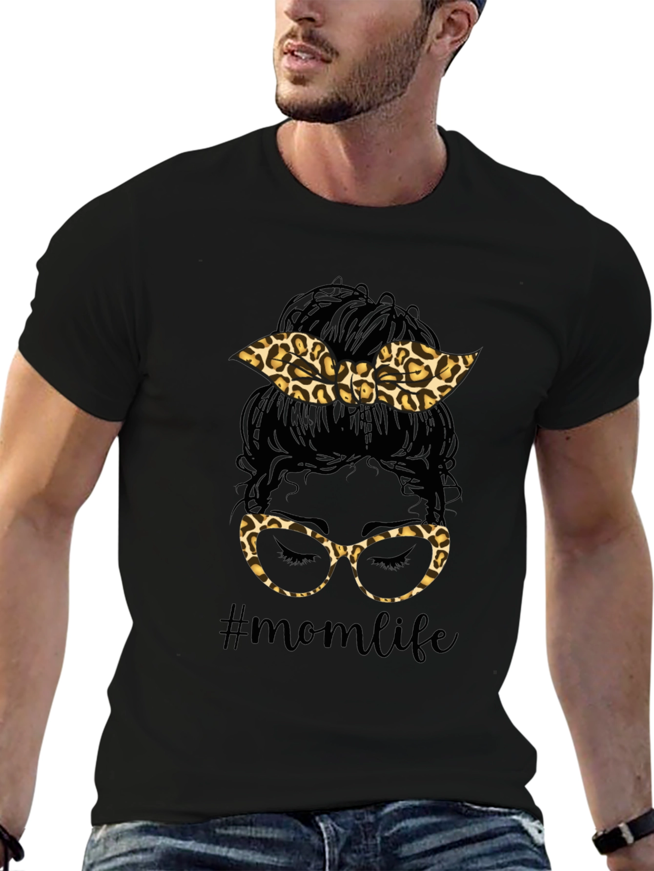 Mom Life Messy Bun Leopard Print T-Shirt