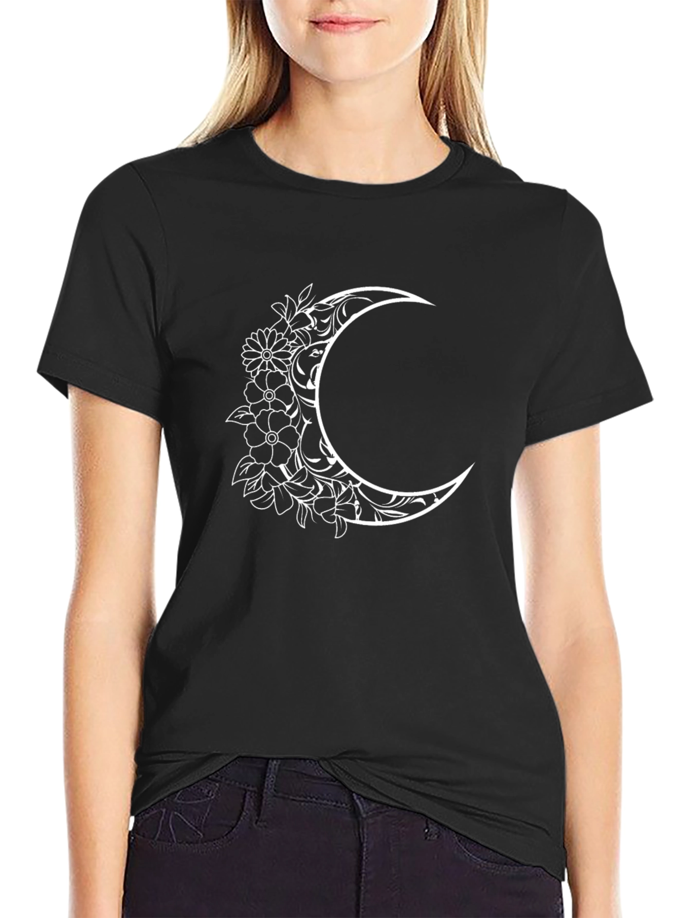 Floral Crescent Moon Black T-Shirt